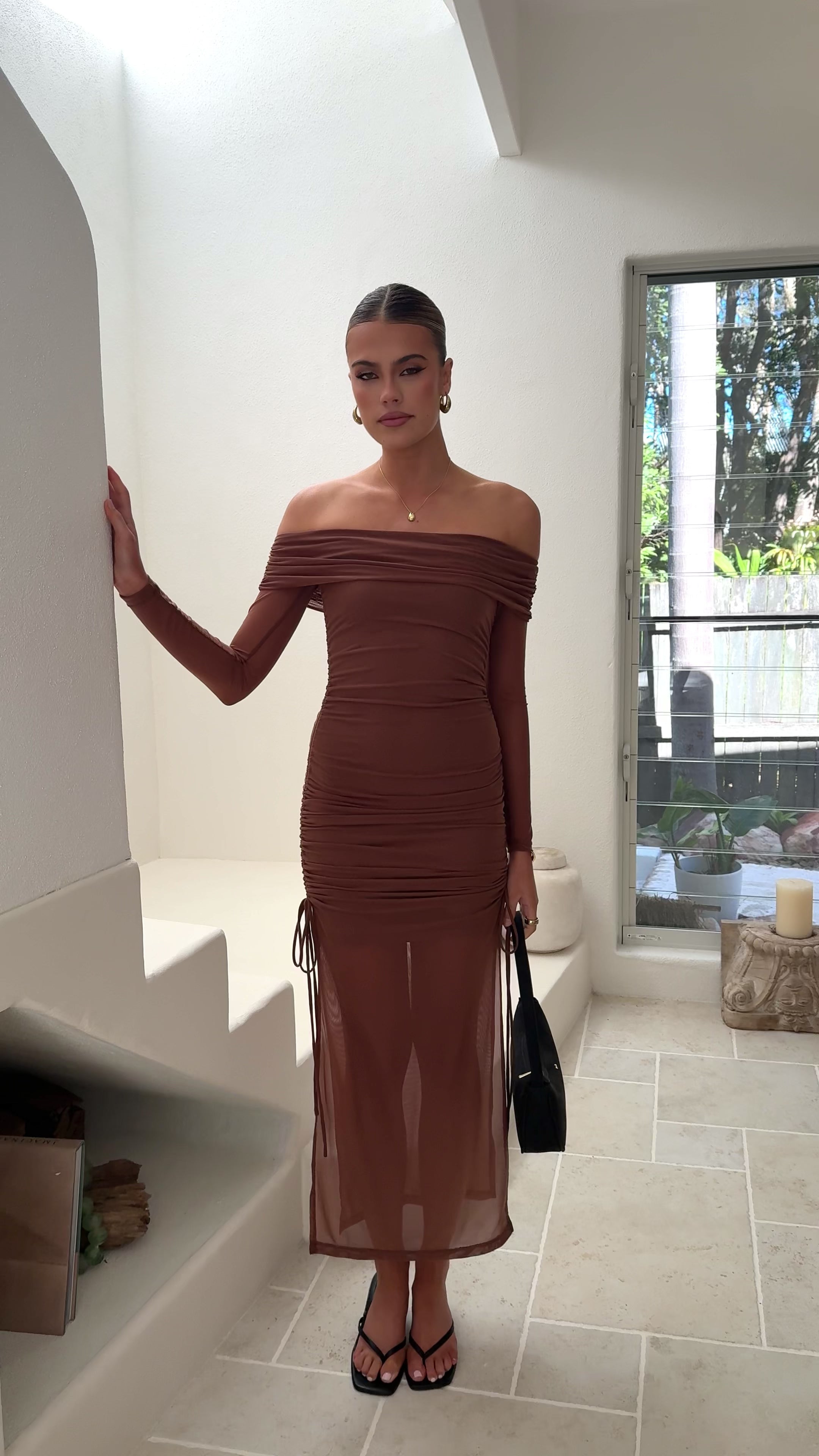 Load video: Isadora Off Shoulder Maxi Dress - Chocolate - Billy J
