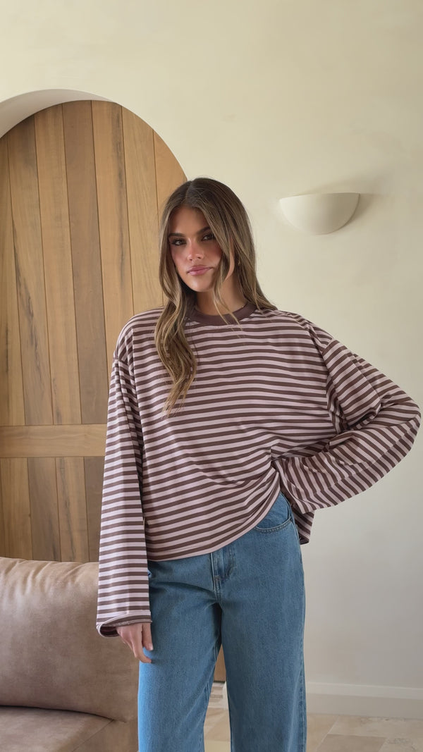 Solana Long Sleeve Top - Pink/Choc Stripe - Billy J