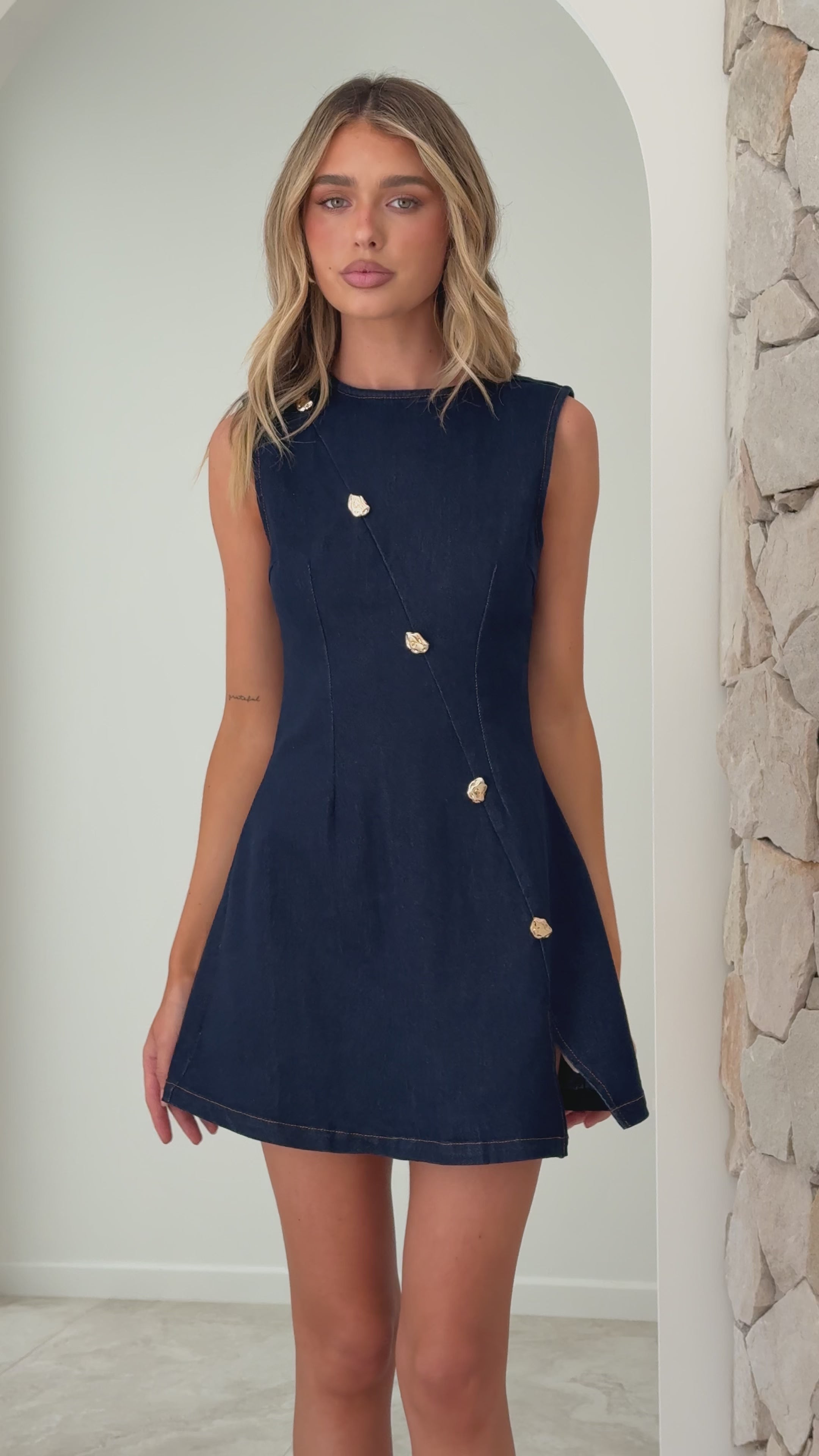 Load video: Carys Mini Dress - Dark Denim - Billy J