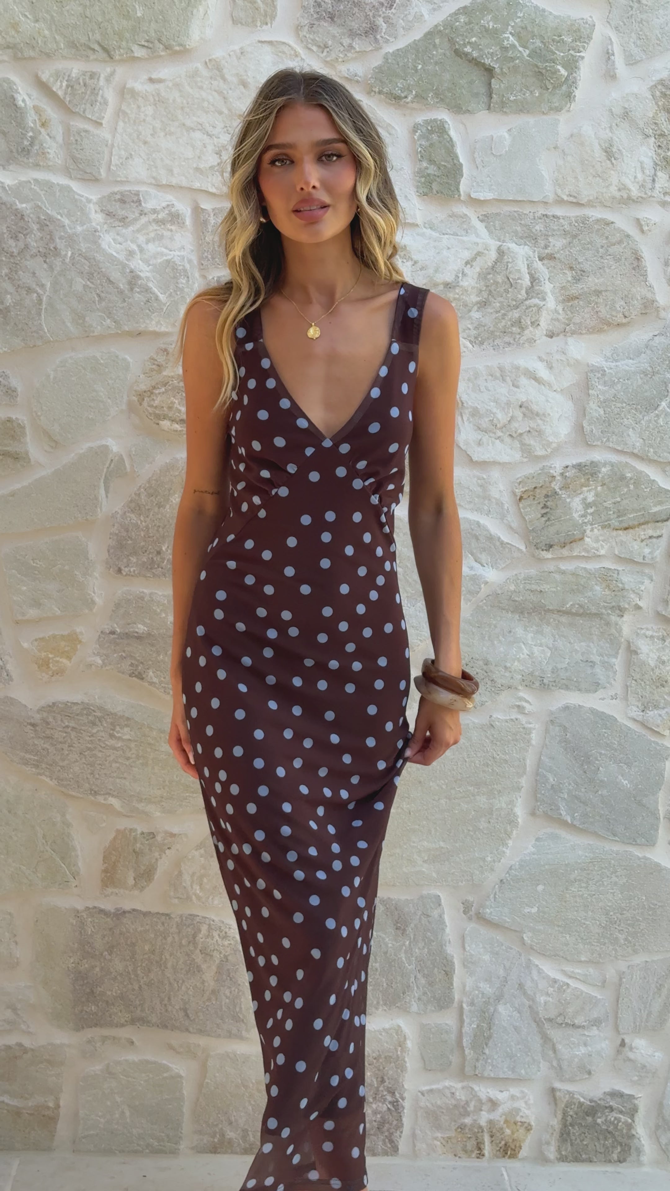 Load video: Cassara Maxi Dress - Chocolate / Blue Polka Dot - Billy J
