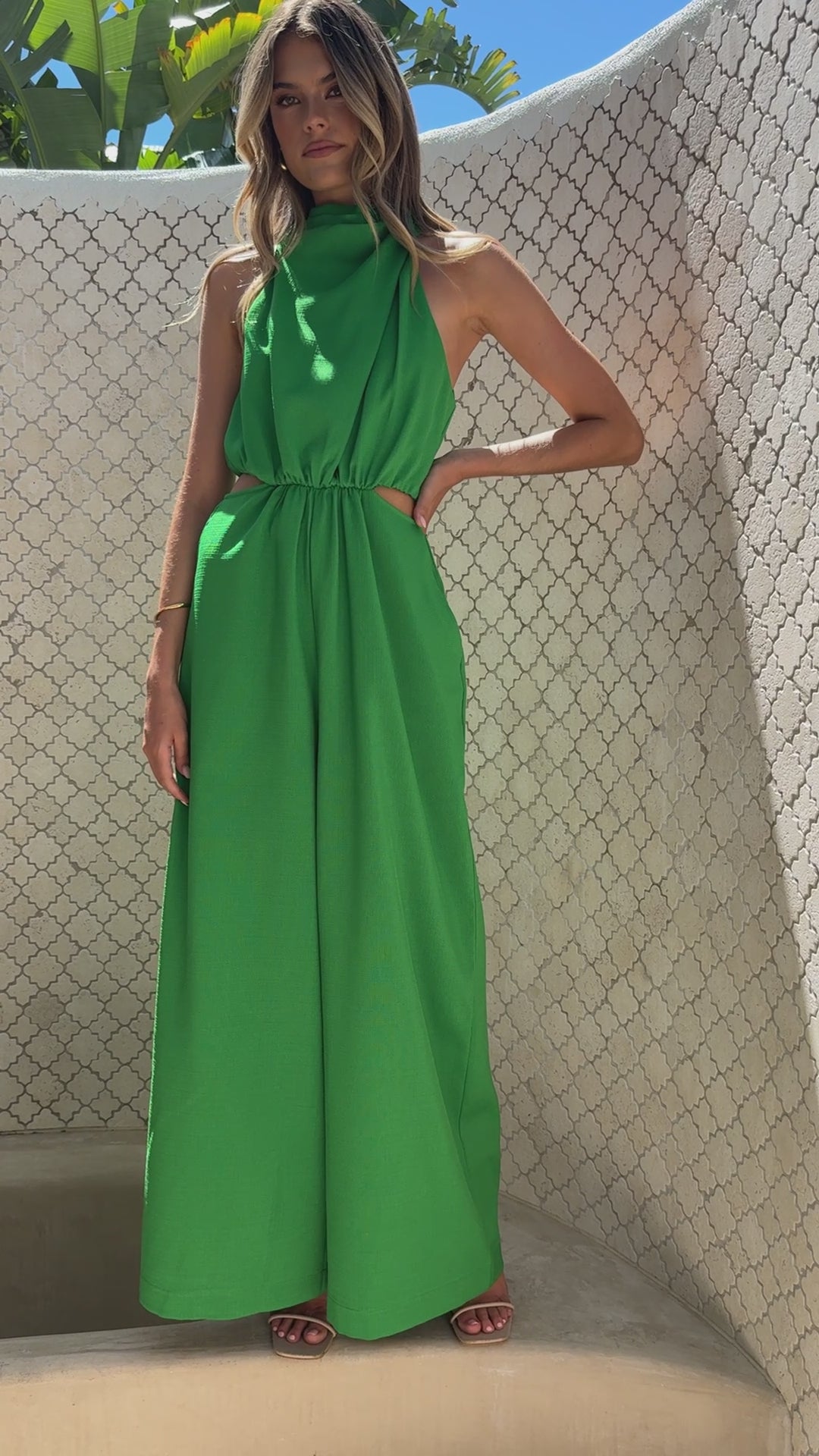 Load video: Lara Halter Neck Wide Leg Jumpsuit - Green - Billy J