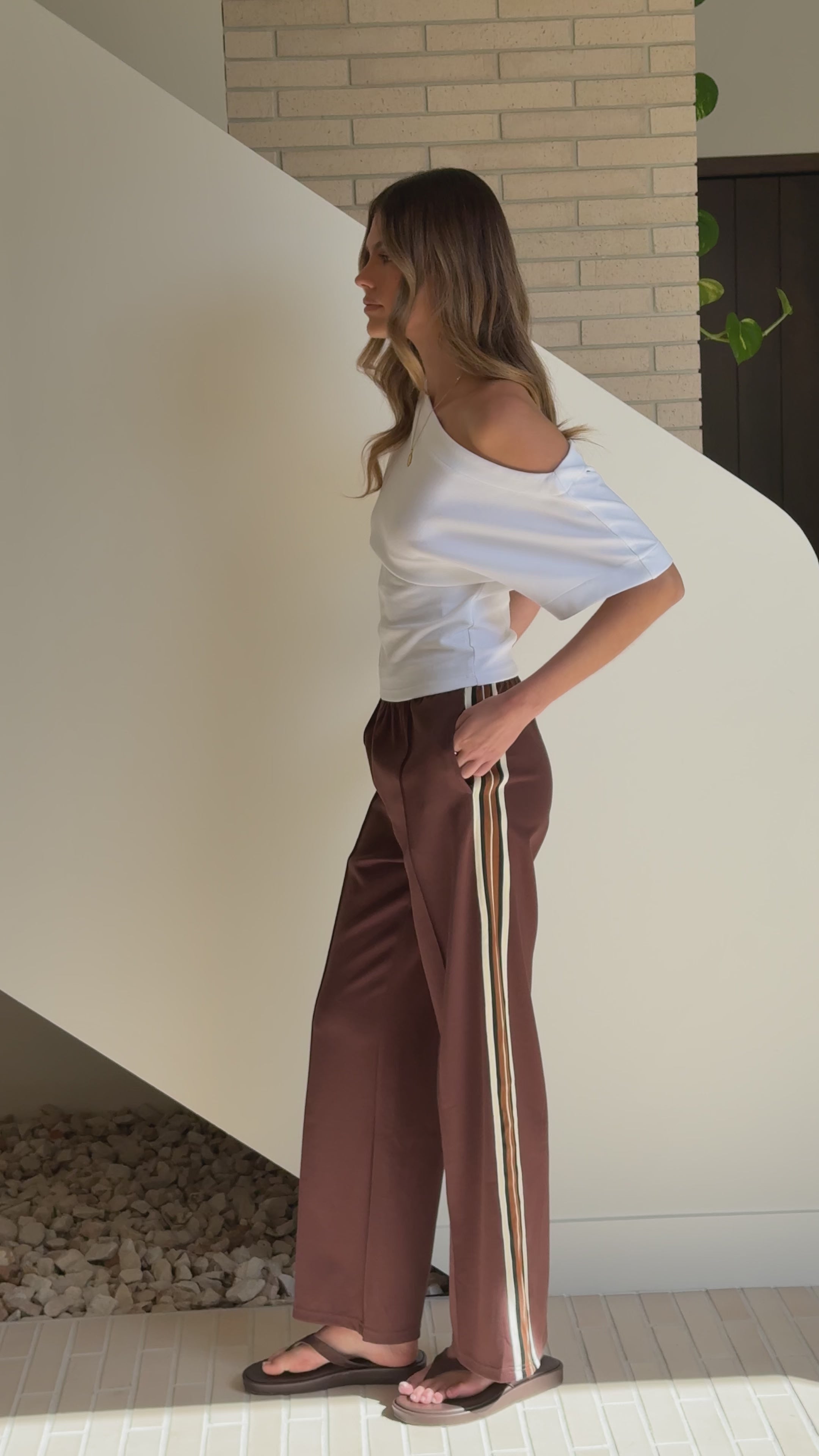 Load video: Isaiah Racer Stripe Pleated Trackpants - Chocolate/Cream - Billy J