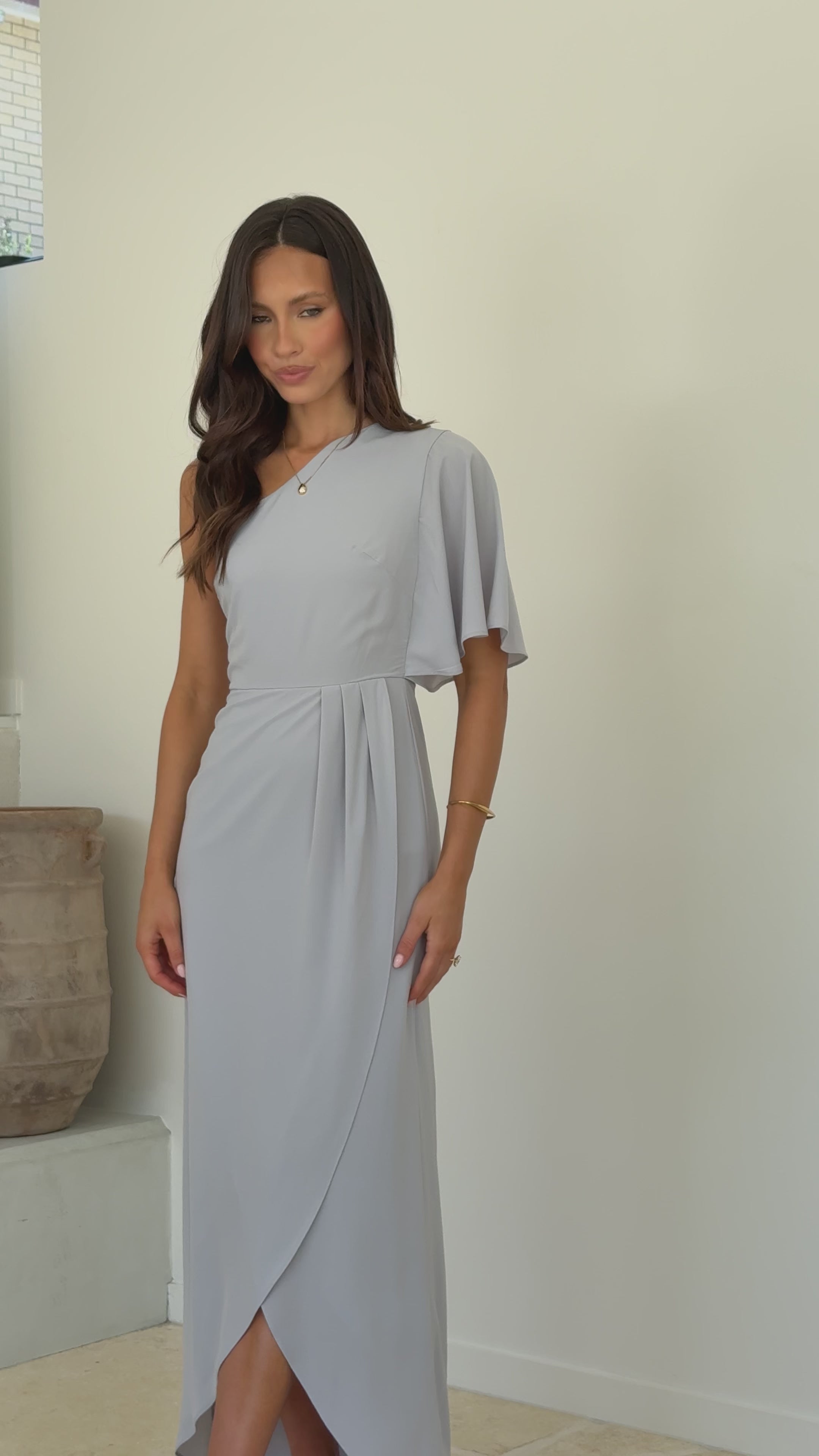 Load video: Emma One Sleeve Maxi Dress - Silver - Billy J