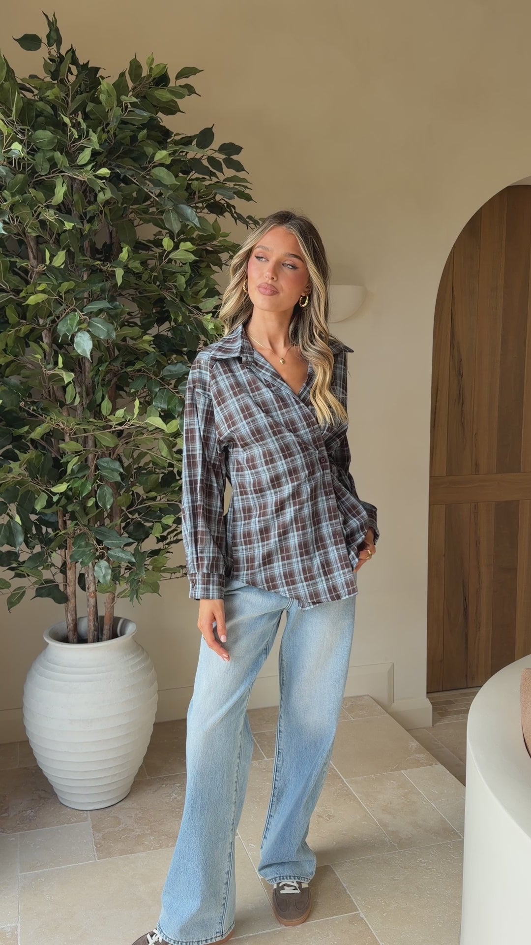 Valia Asymmetrical Button Up Shirt - Blue/Brown Plaid - Billy J