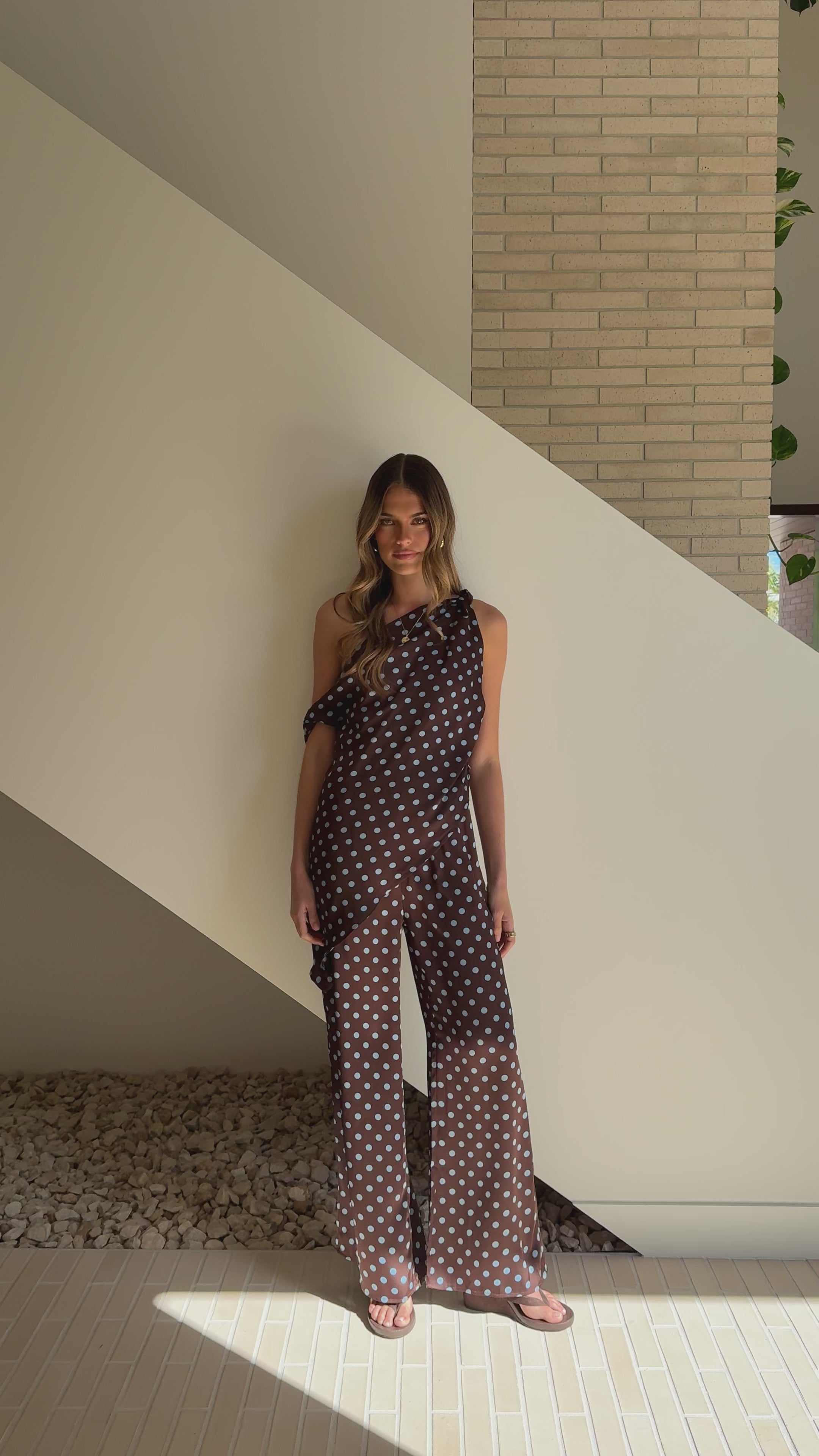 Load video: Liana Off Shoulder Top &amp; Pants Set - Choc/Blue Polka Dot - Billy J