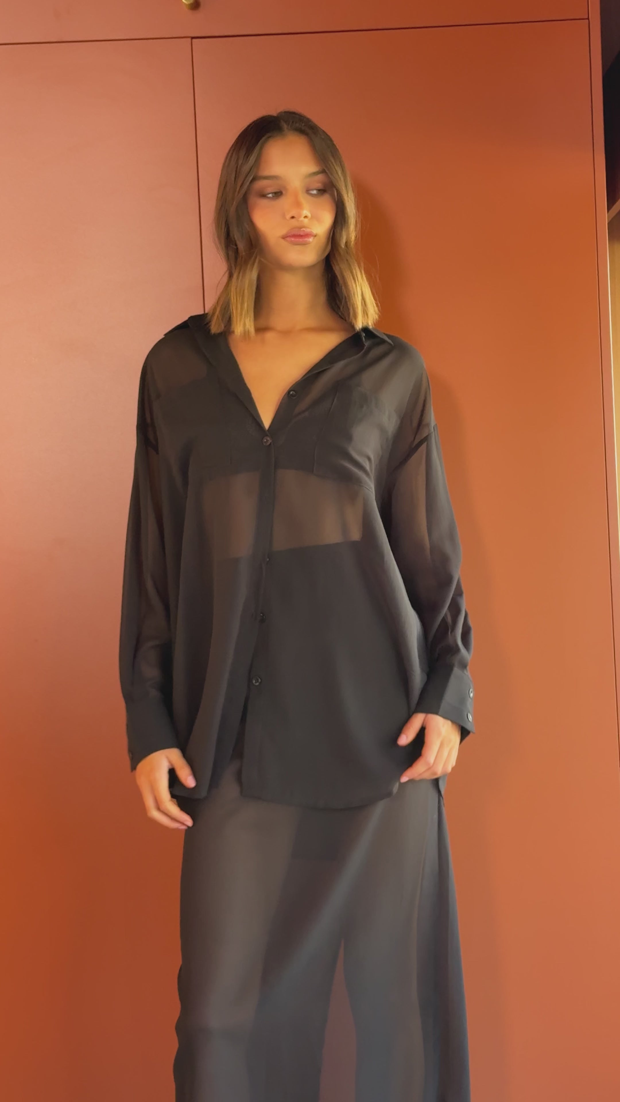 Load video: Adella Sheer Long Sleeve Top and Maxi Skirt Set - Black - Billy J
