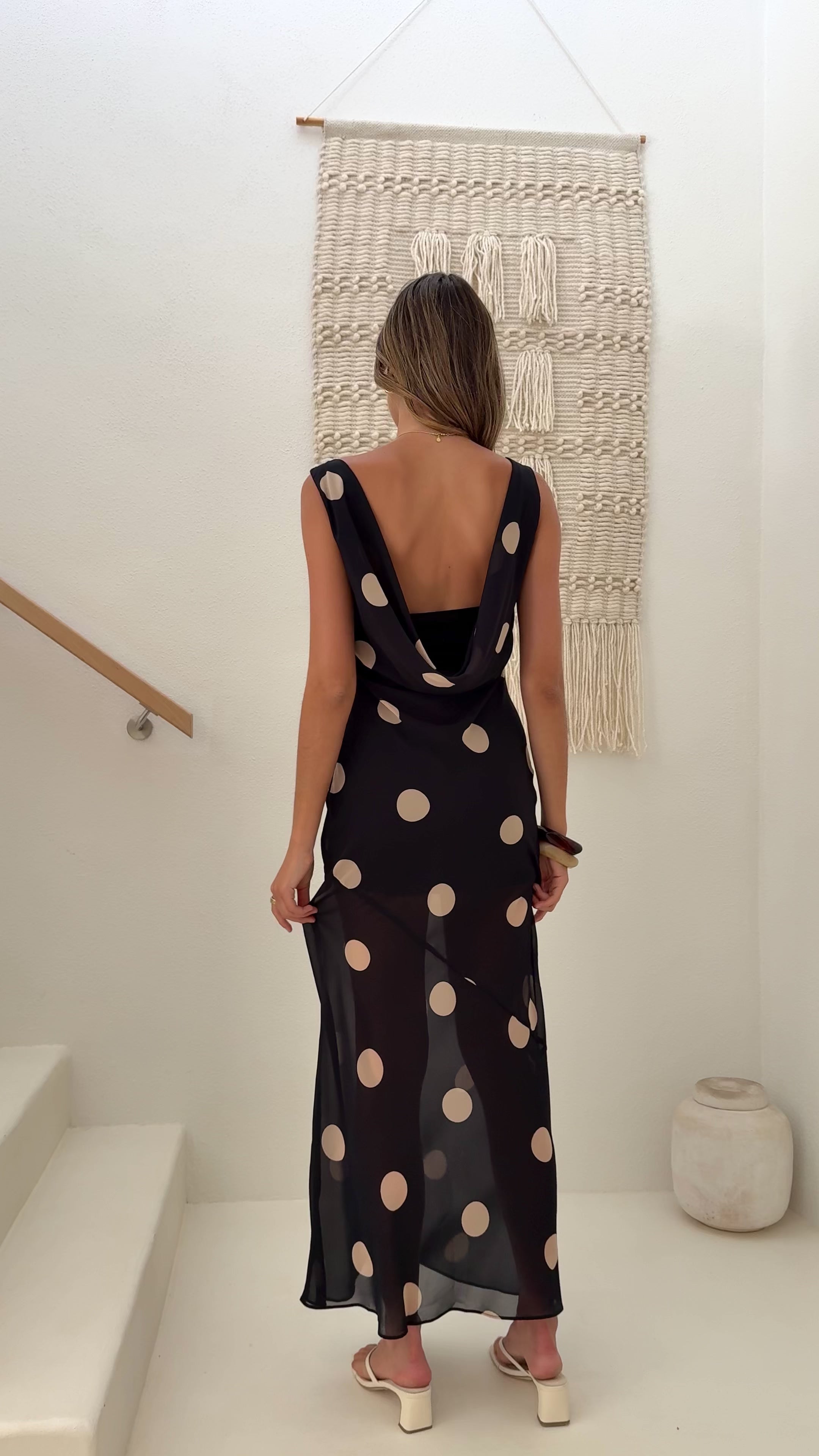 Load video: Beverly Maxi Dress - Black/Cream Polka Dot - Billy J