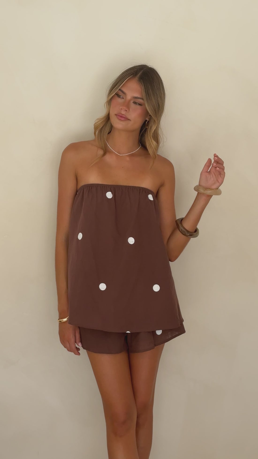 Calliope Strapless Top and Shorts Set - Brown/White Polka - Billy J