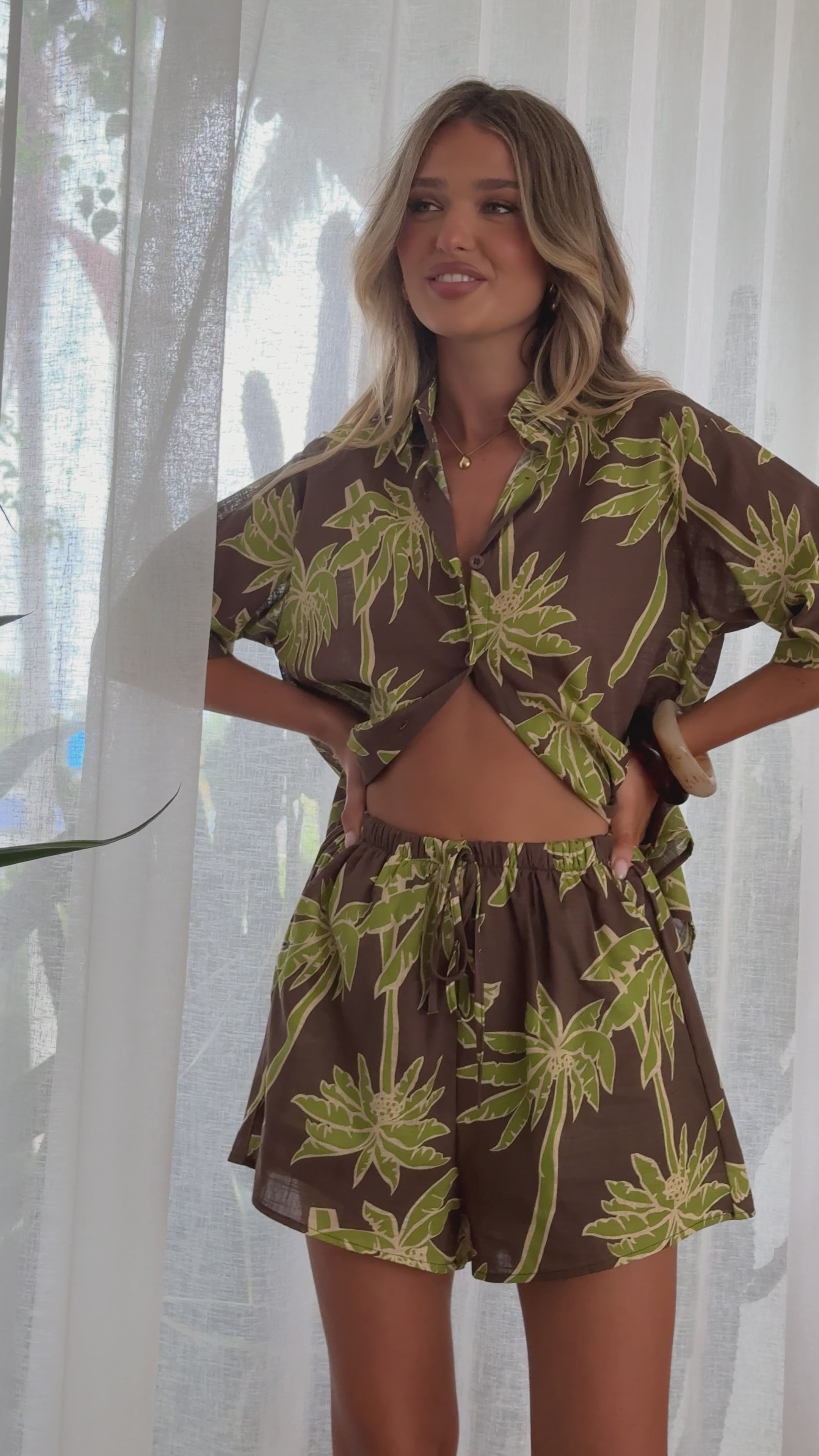 Load video: Ravenna Button Up Shirt and Shorts Set - Brown/Green Palm - Billy J