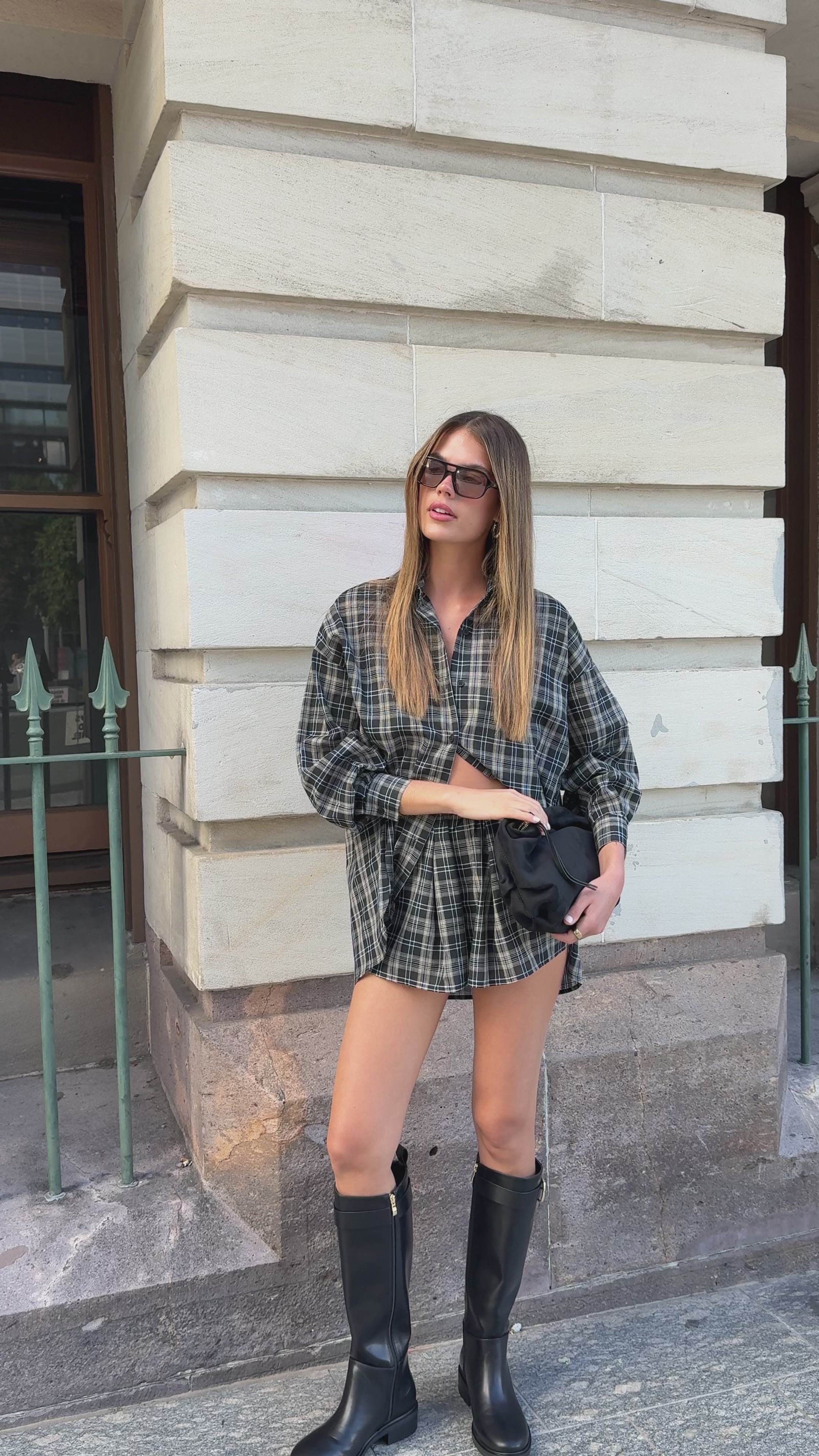 Load video: Arli Button Up Shirt - Black/Beige Plaid - Billy J