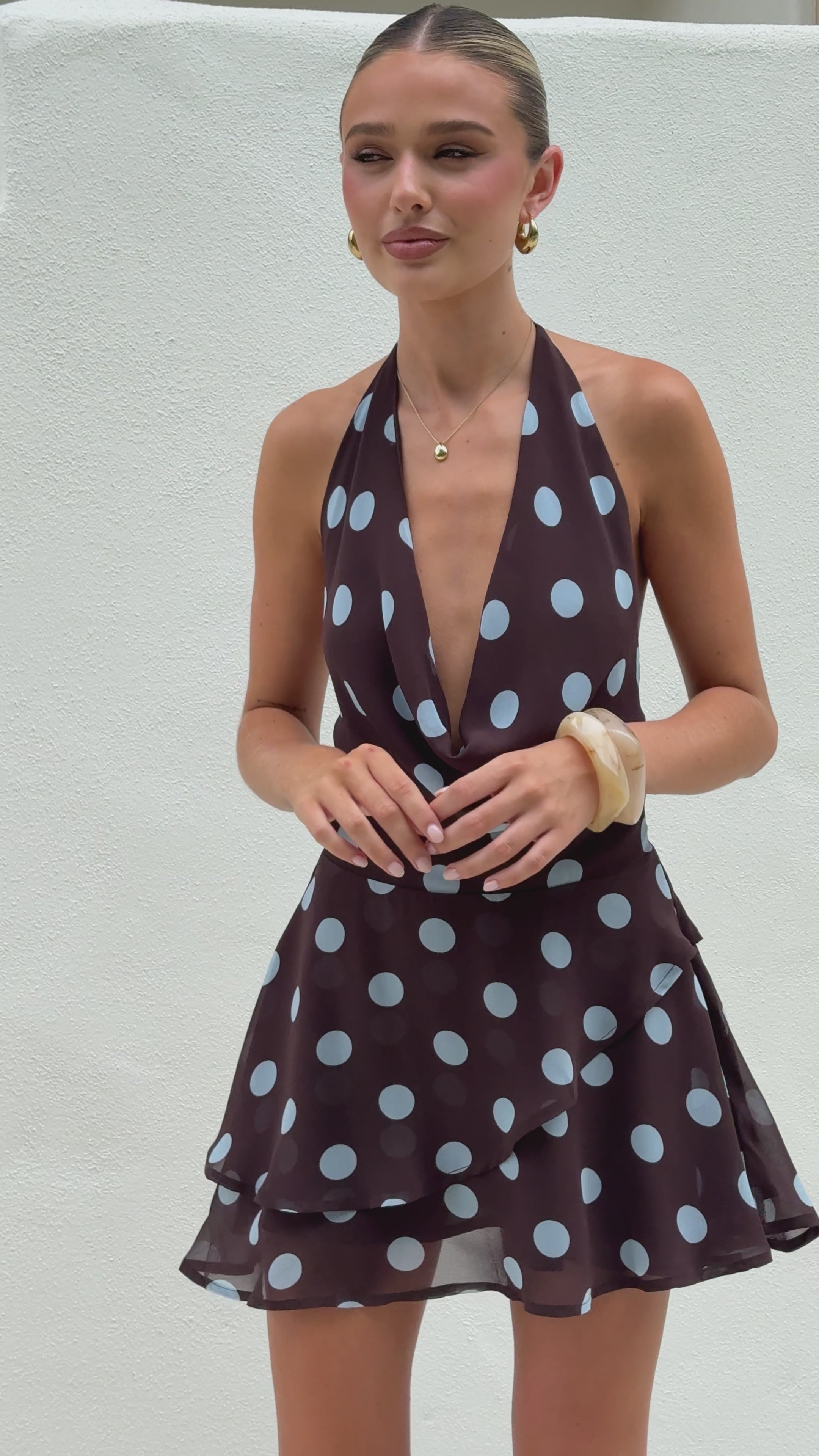 Load video: Imali Mini Dress - Choc/Blue Polka - Billy J