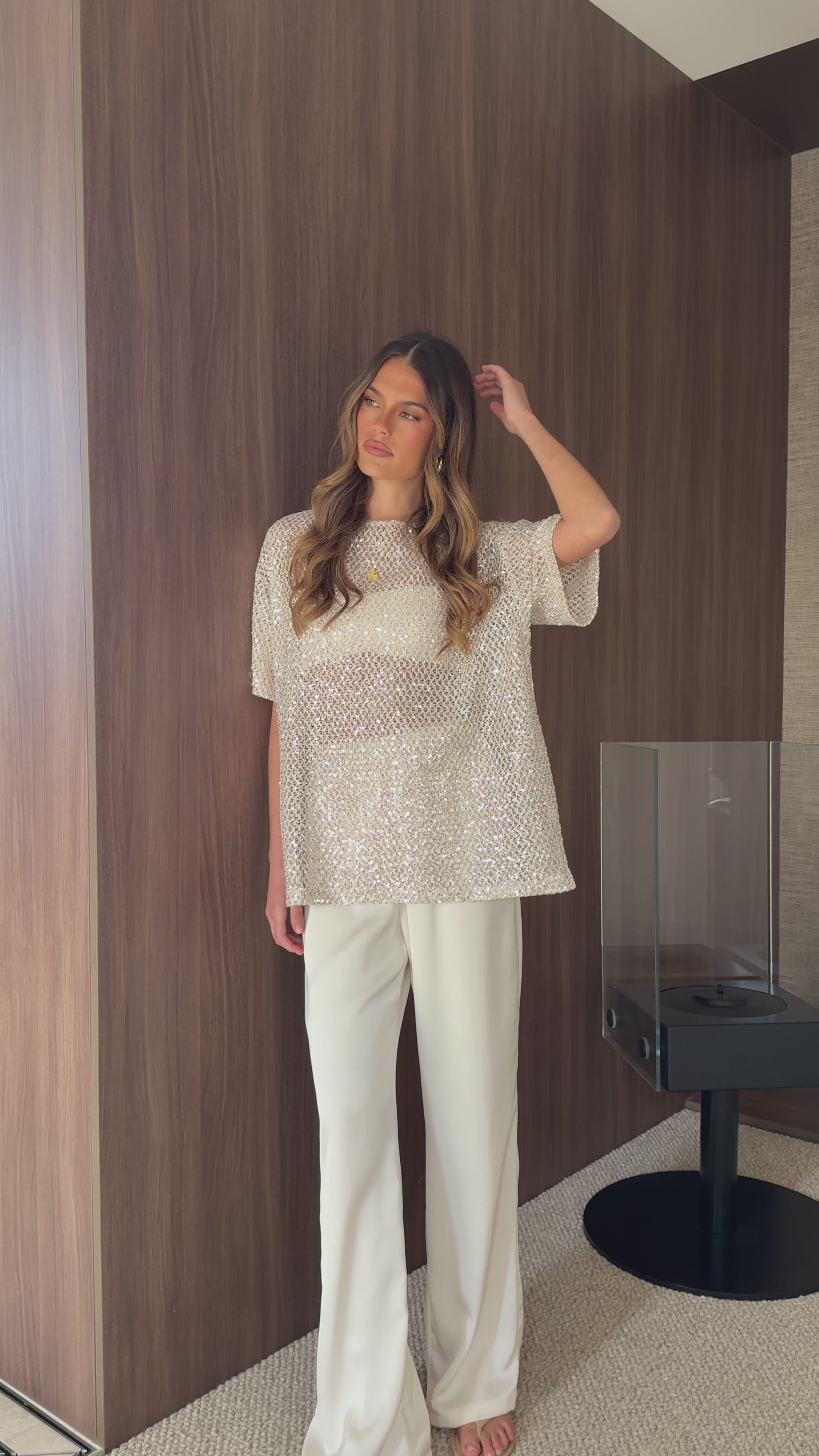 Load video: Kayli Oversized Sequins Tee - Cream - Billy J