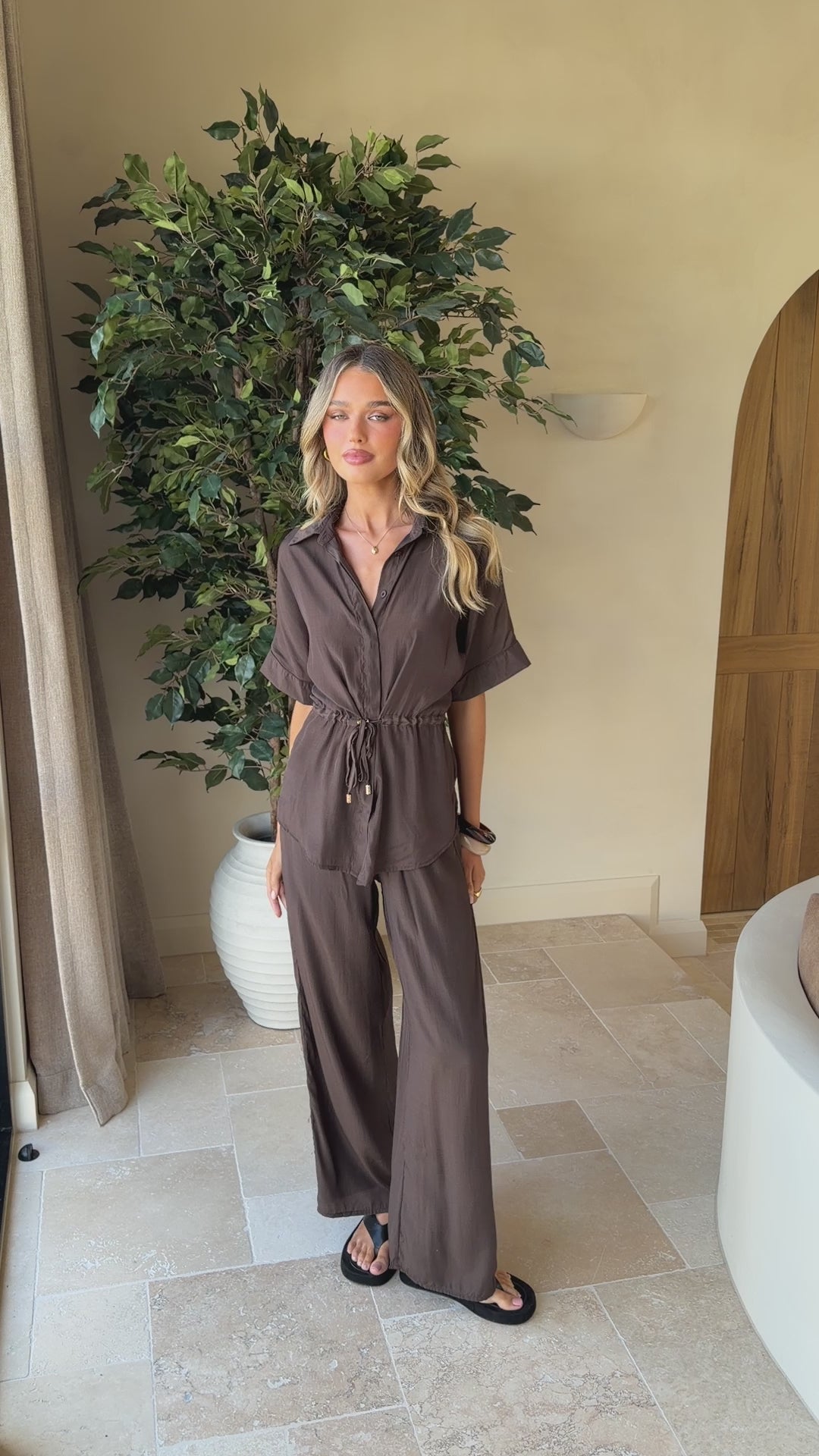 Load video: Velice Tie Top and Pants Set - Brown - Billy J