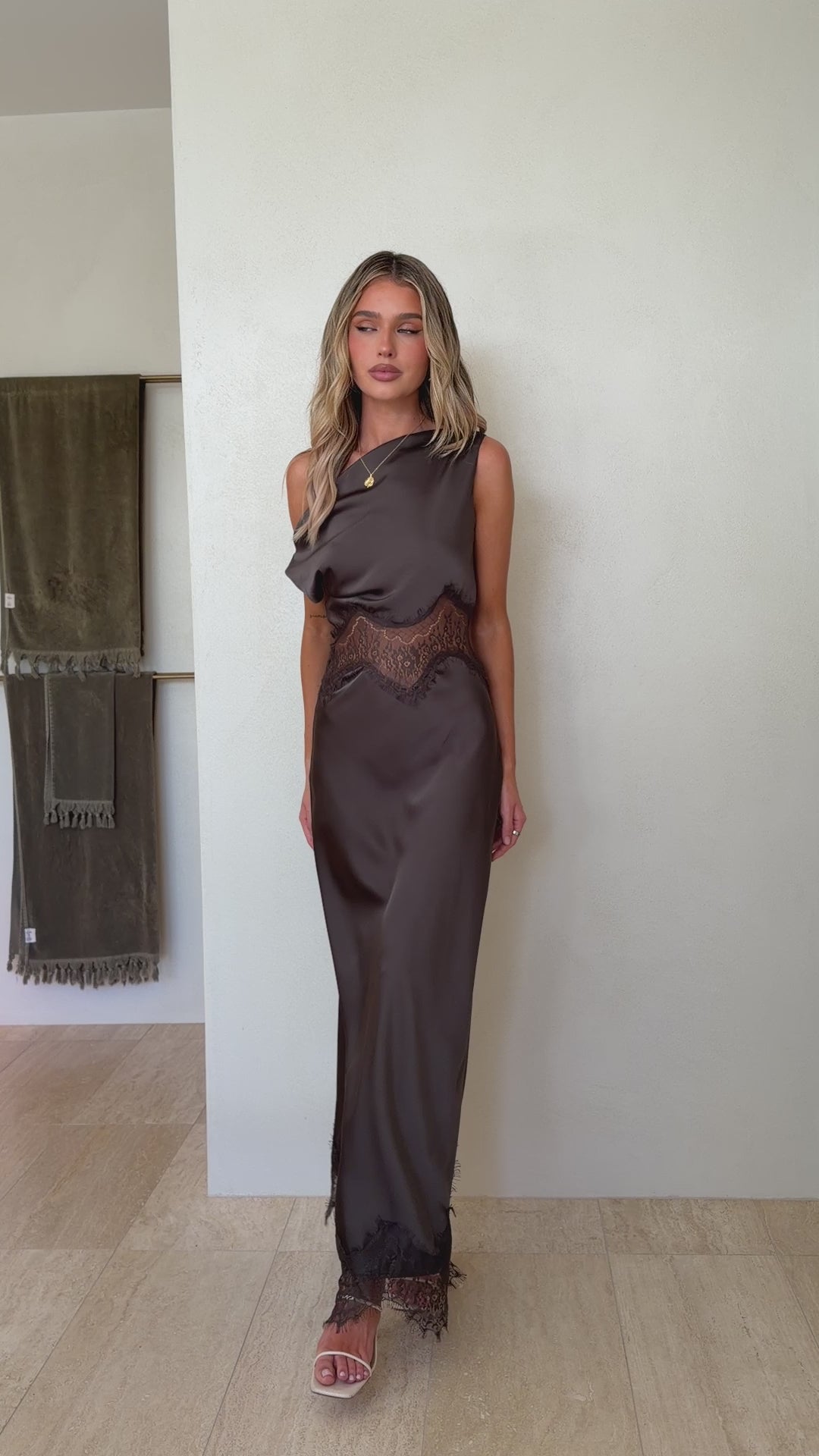 Load video: Bella Lace Maxi Dress - Espresso - Billy J
