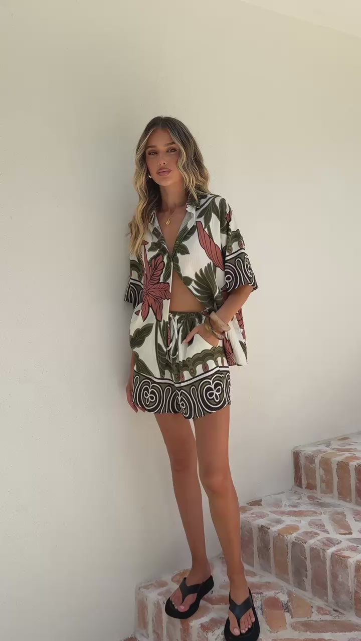 Load video: Ravenna Button Up Shirt and Shorts Set - Green/Beige Palm - Billy J