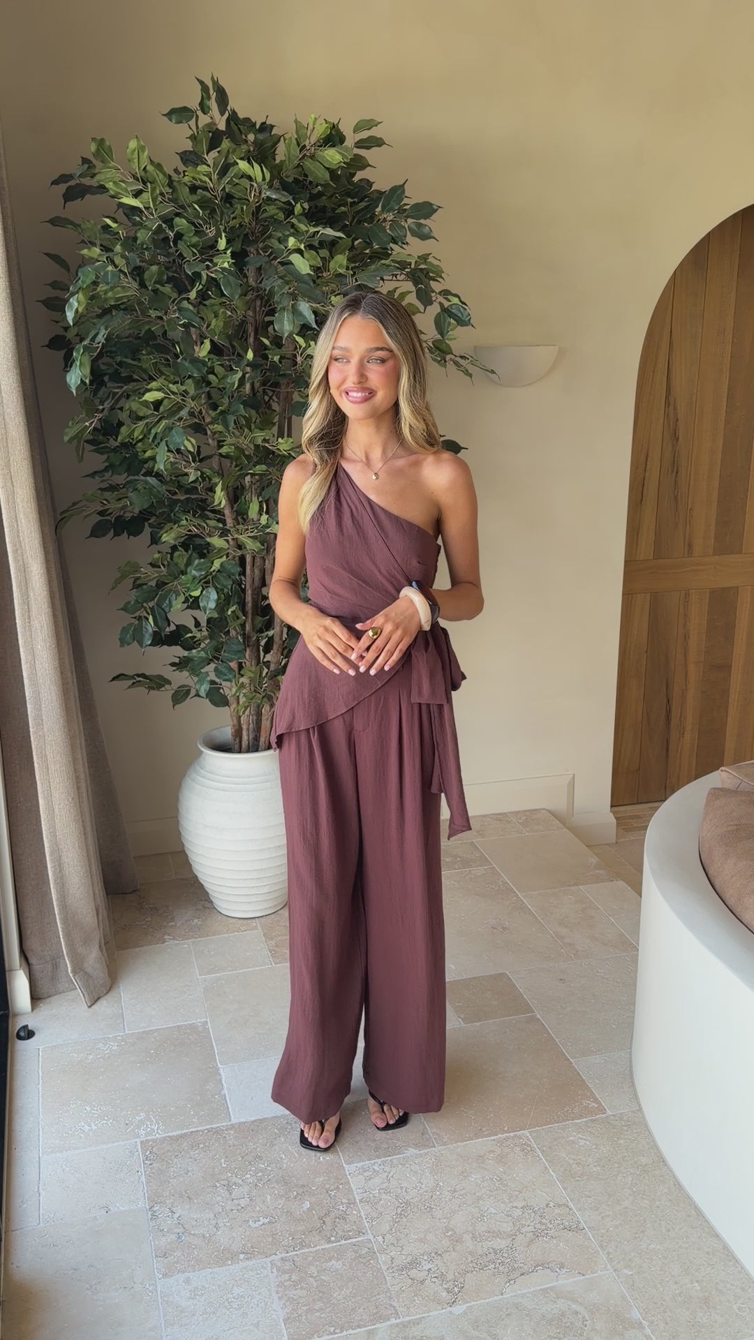 Leela One Shoulder Top and Pants Set - Brown - Billy J