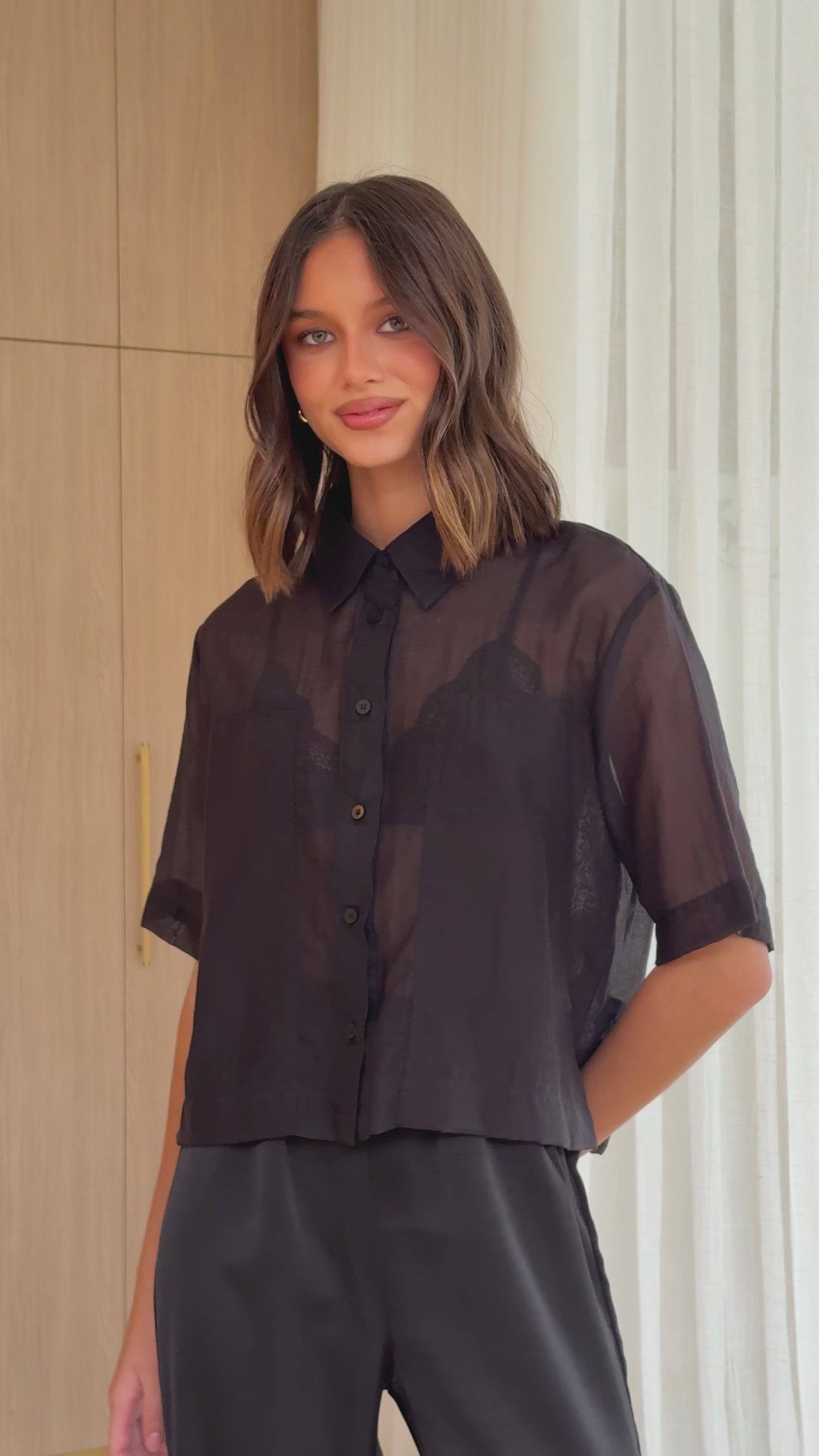Deanna Sheer Button Up Shirt - Black - Billy J