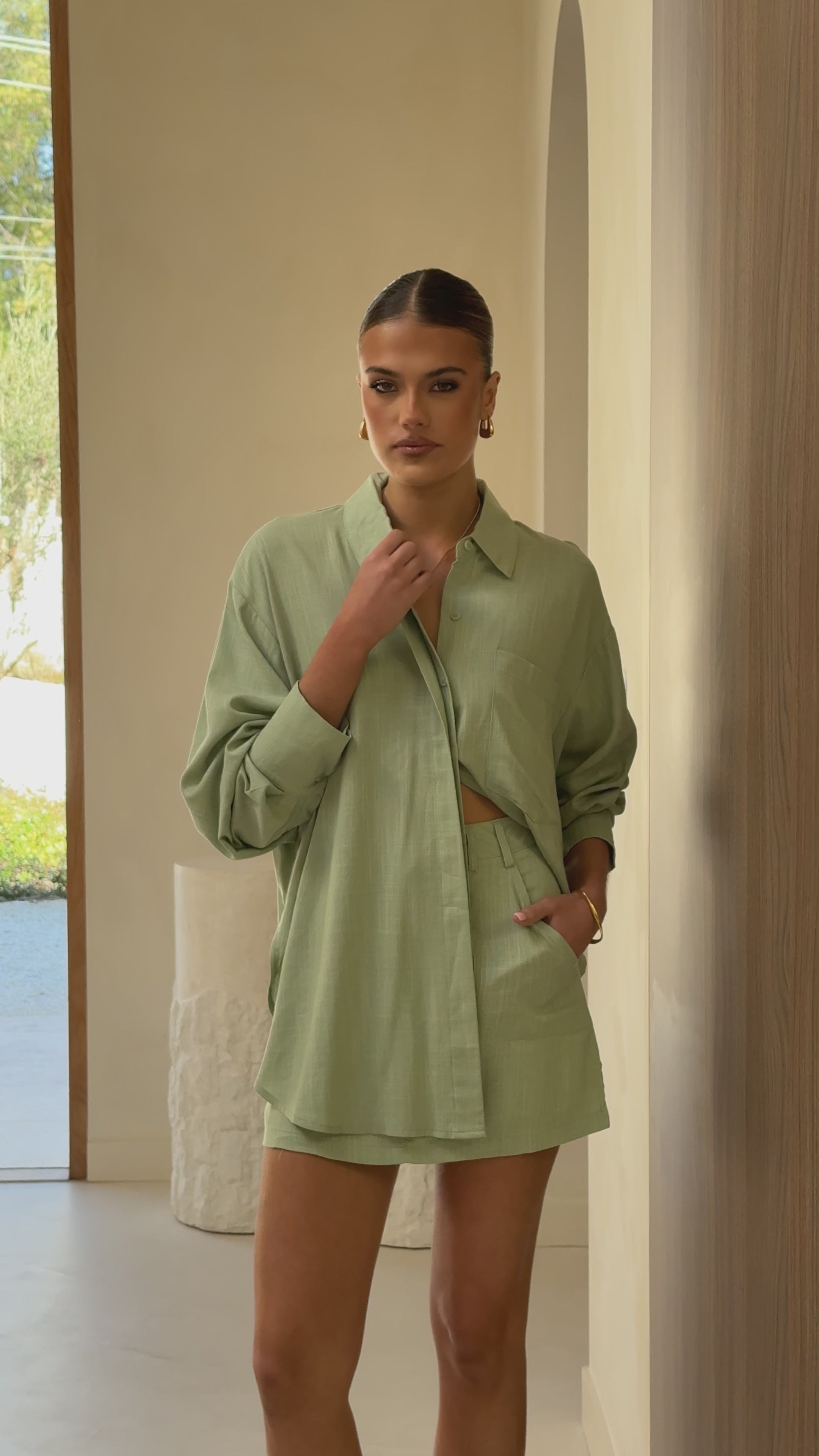 Load video: Charla Button Up Top - Sage - Billy J