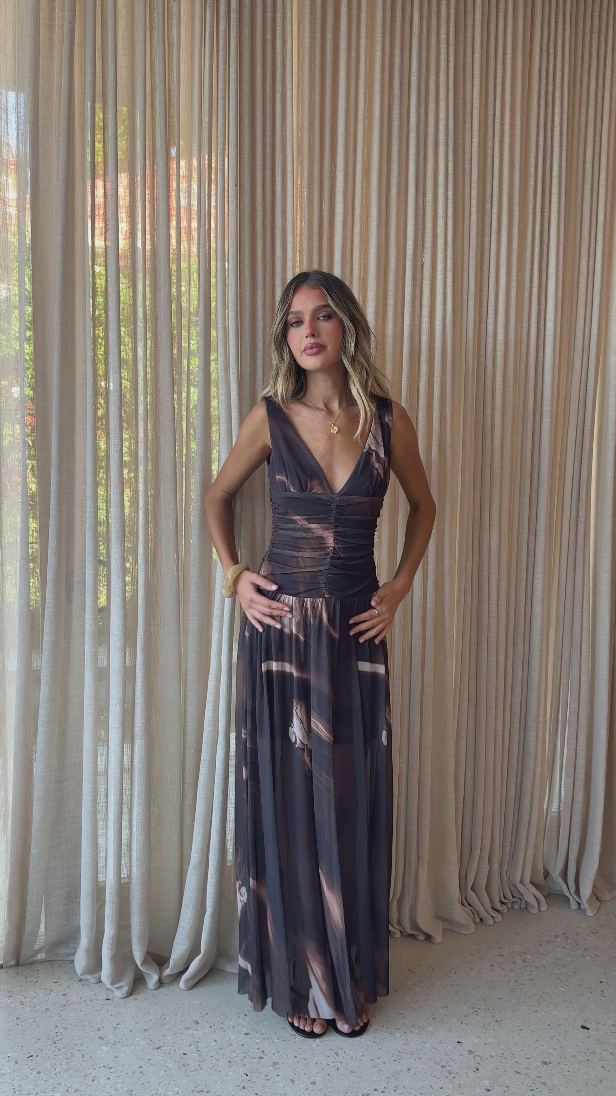 Load video: Maeve Sheer Maxi Dress - Cocoa Ochre - Billy J