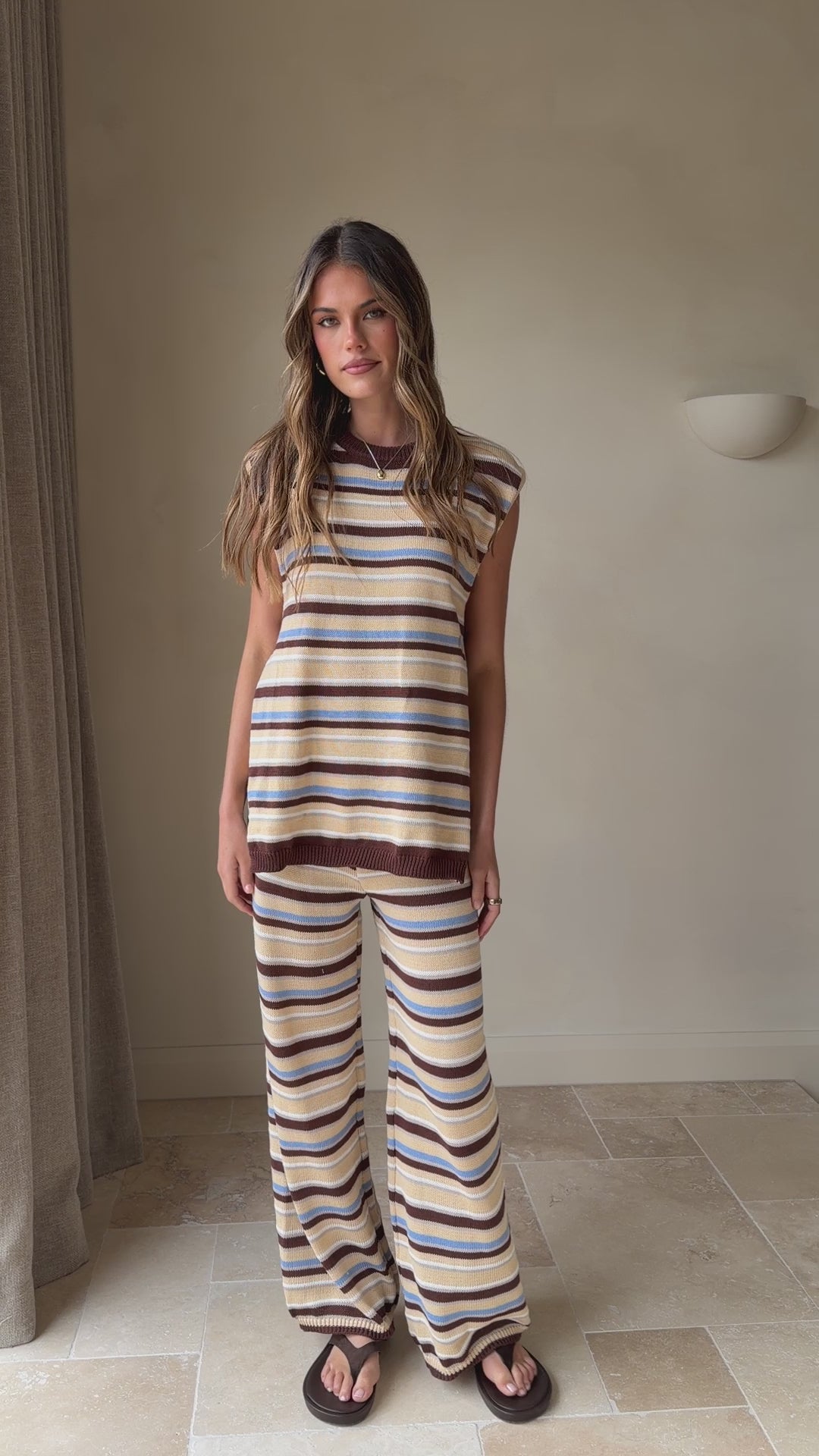 Load video: Florentine Knit Vest and Pants Set - Beige/Choc/Blue Stripe - Billy J