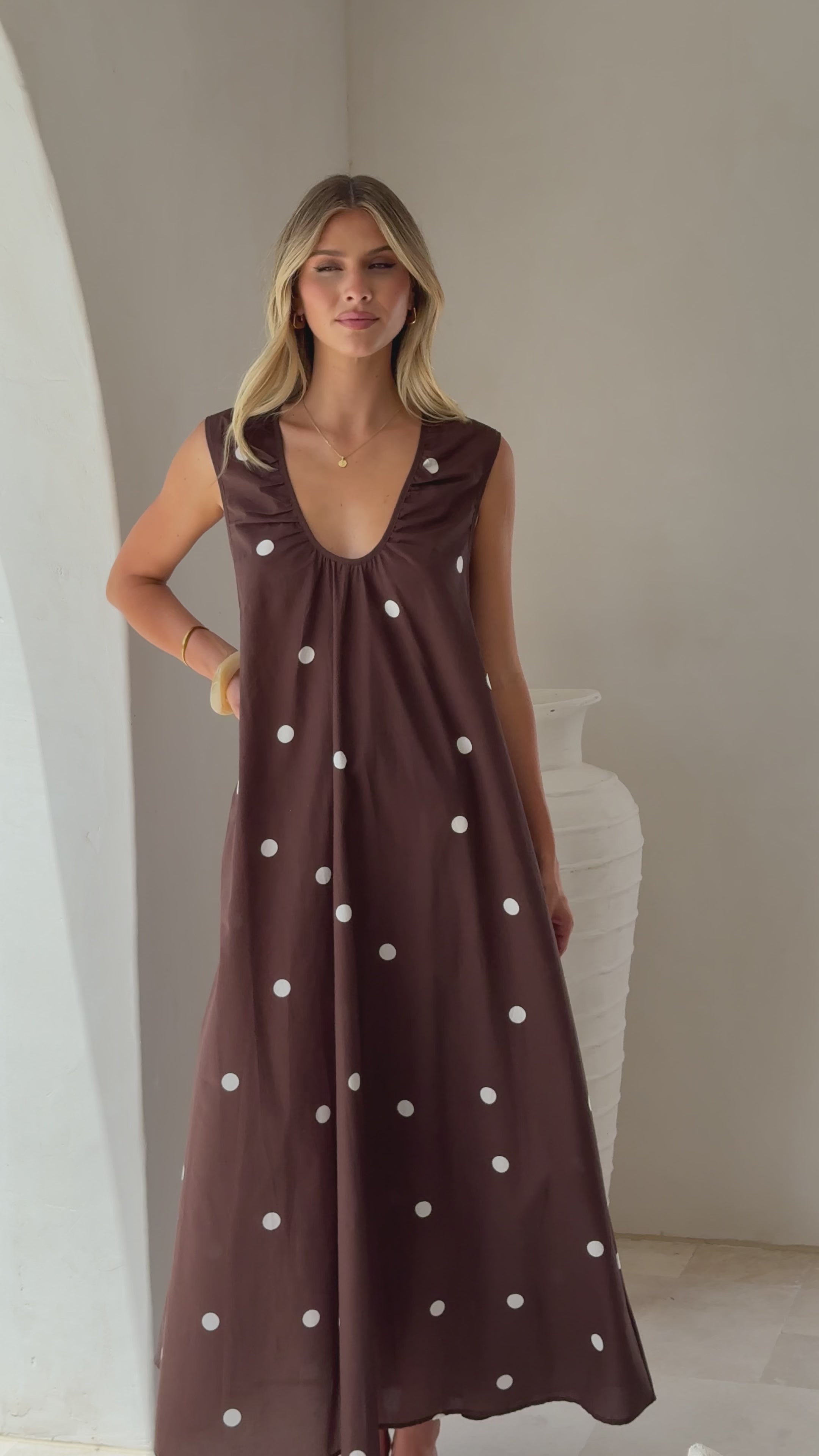 Load video: Scout Maxi Dress - Chocolate/White Polka - Billy J