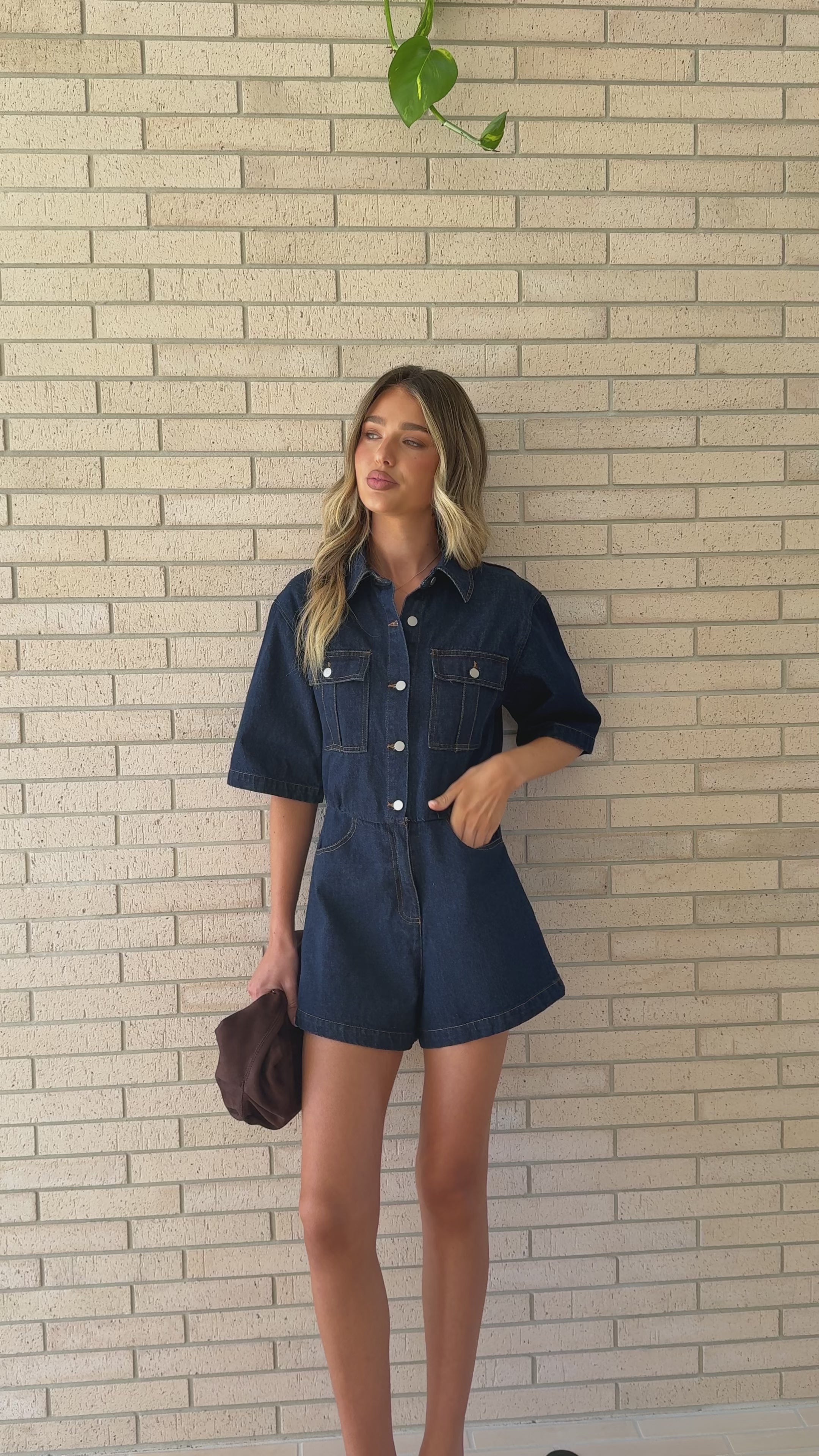 Load video: Rayla Denim Playsuit - Dark Blue - Billy J