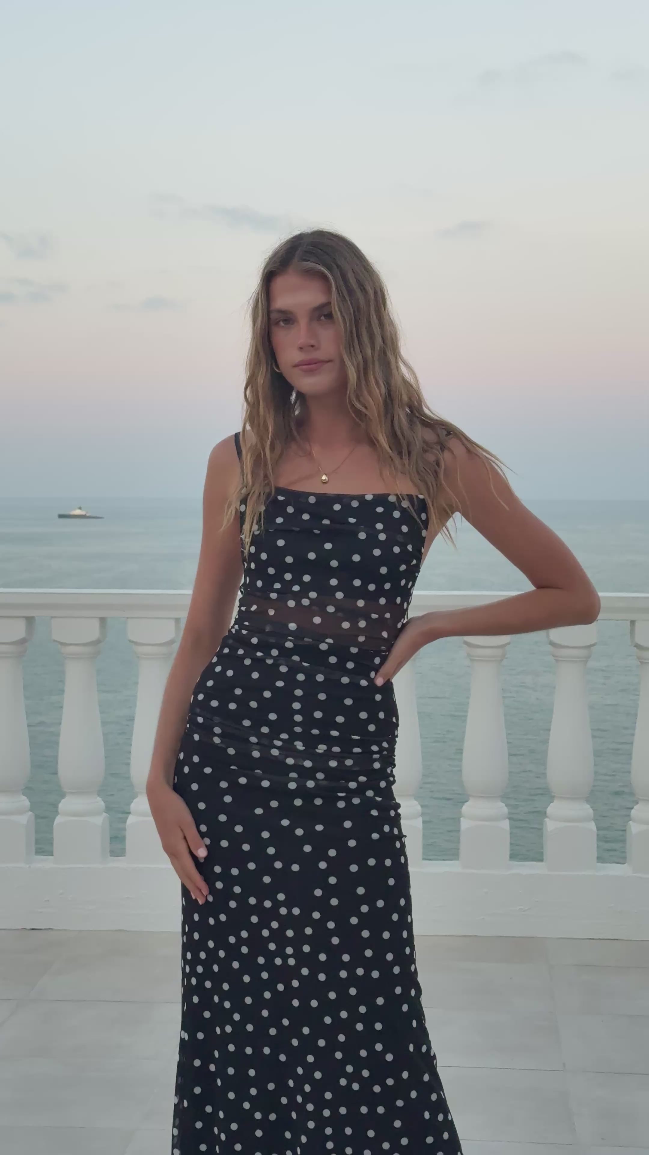Load video: Loralei Maxi Dress - Black/White Polka Dot - Billy J