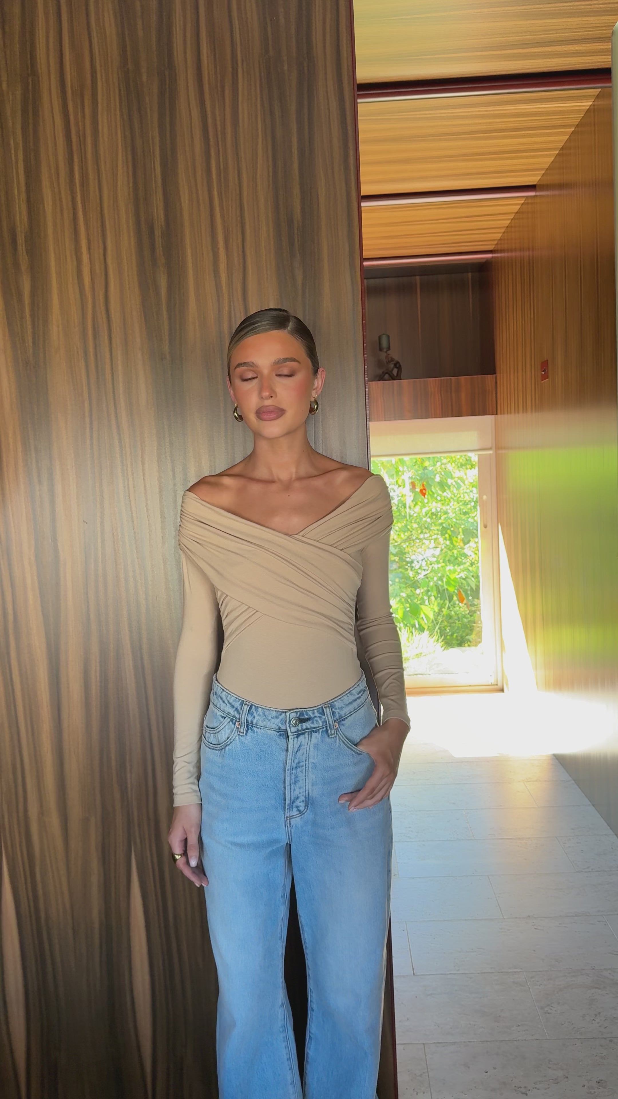 Load video: Elkie Off Shoulder Bodysuit - Beige - Billy J