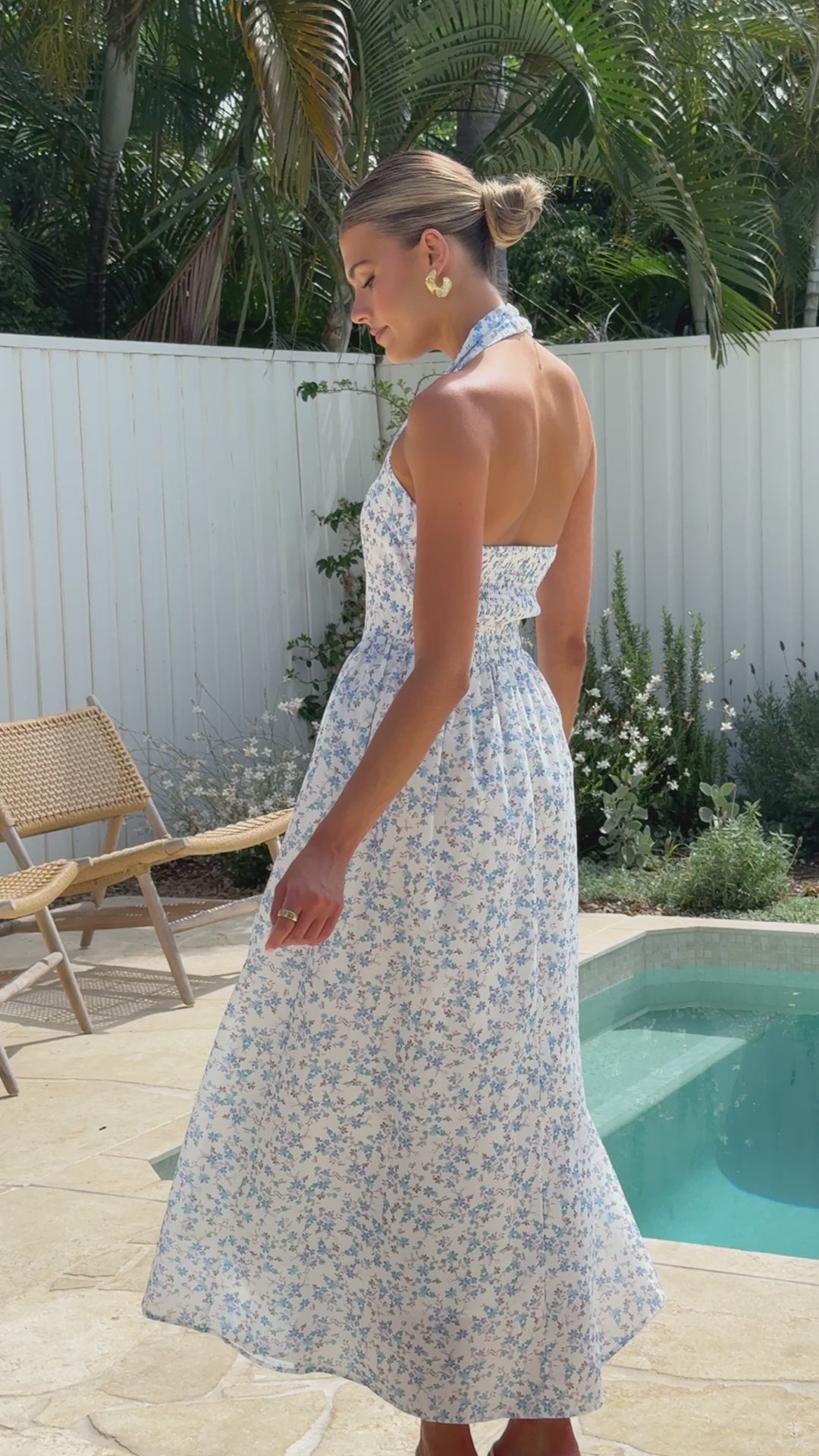 Load video: Salas Halter Maxi Dress - White / Blue Floral - Billy J