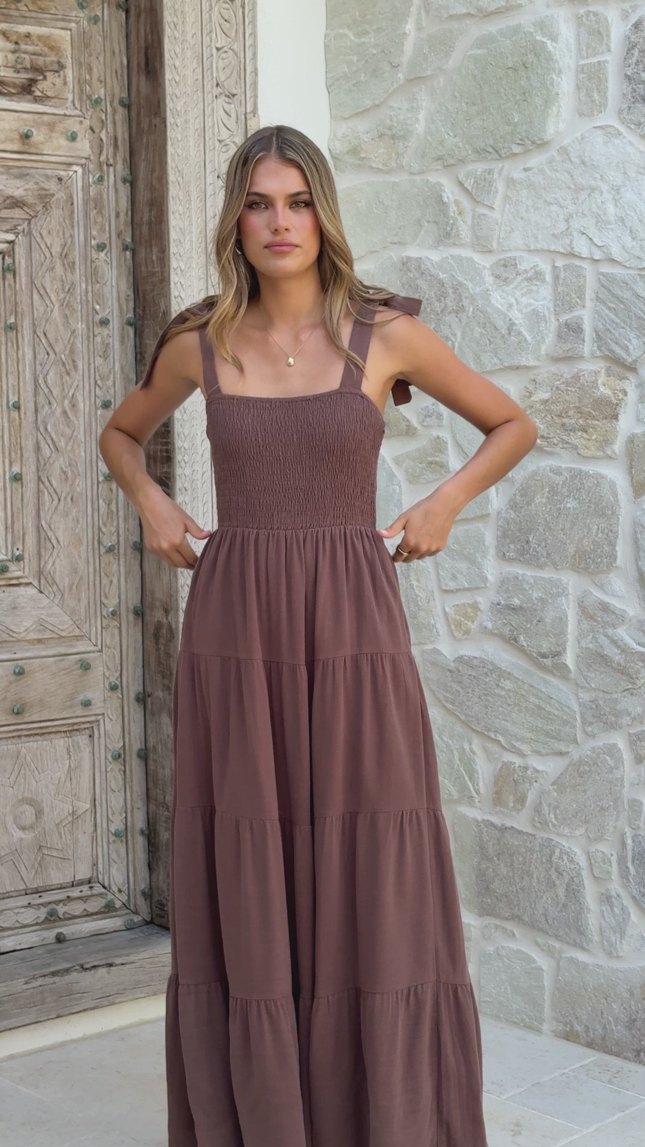 Load video: Carlina Tiered Maxi Dress - Chocolate - Billy J