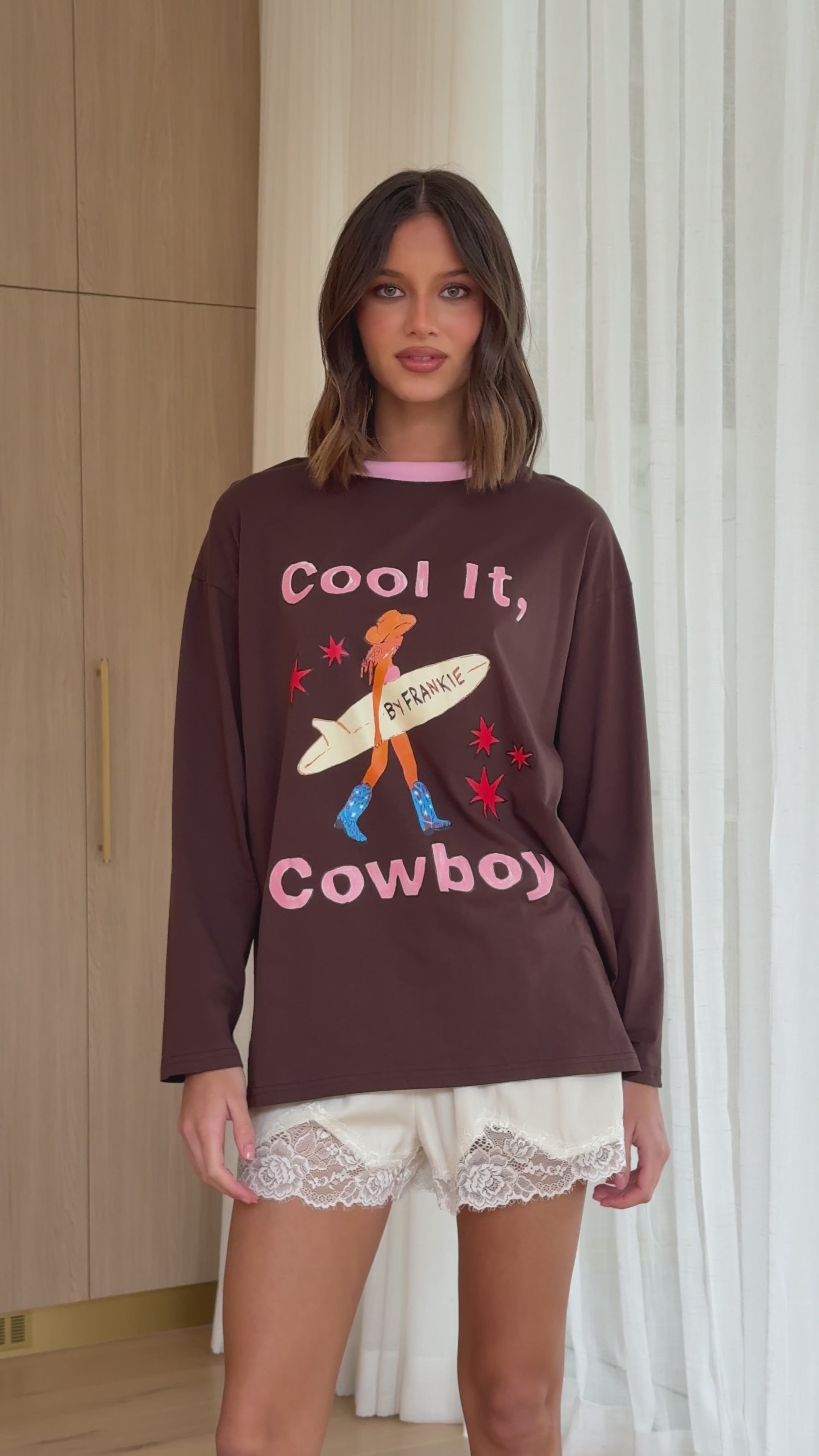 Load video: Cool It Cowboy Long Sleeve Top - Chocolate/Pink - Billy J