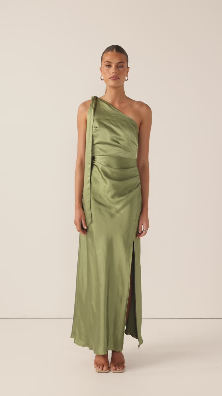 Load video: Halle One Shoulder Maxi Dress - Olive