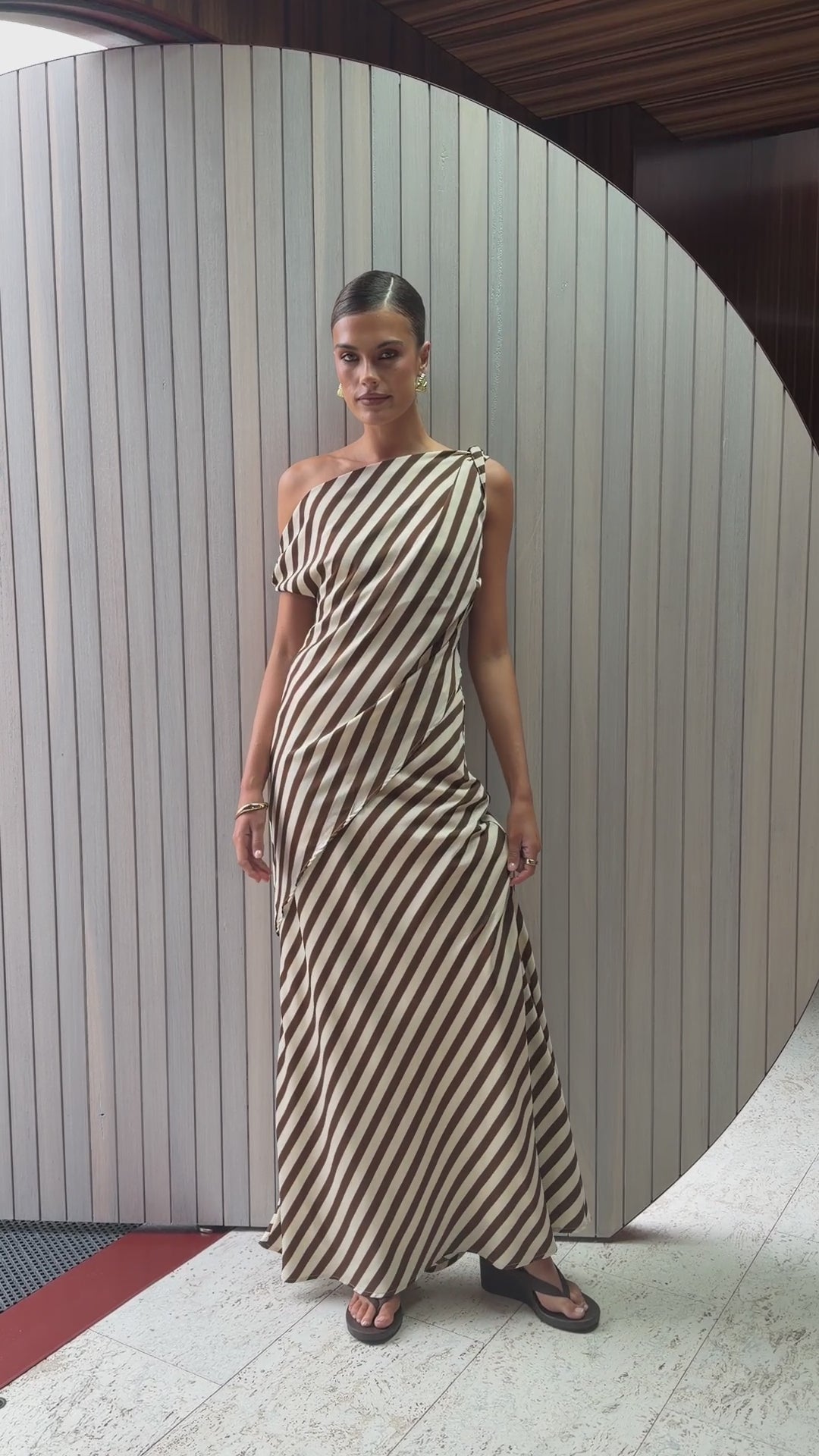 Load video: Chelsea Asymmetrical Top and Maxi Skirt Set - Chocolate/Nude Stripe - Billy J