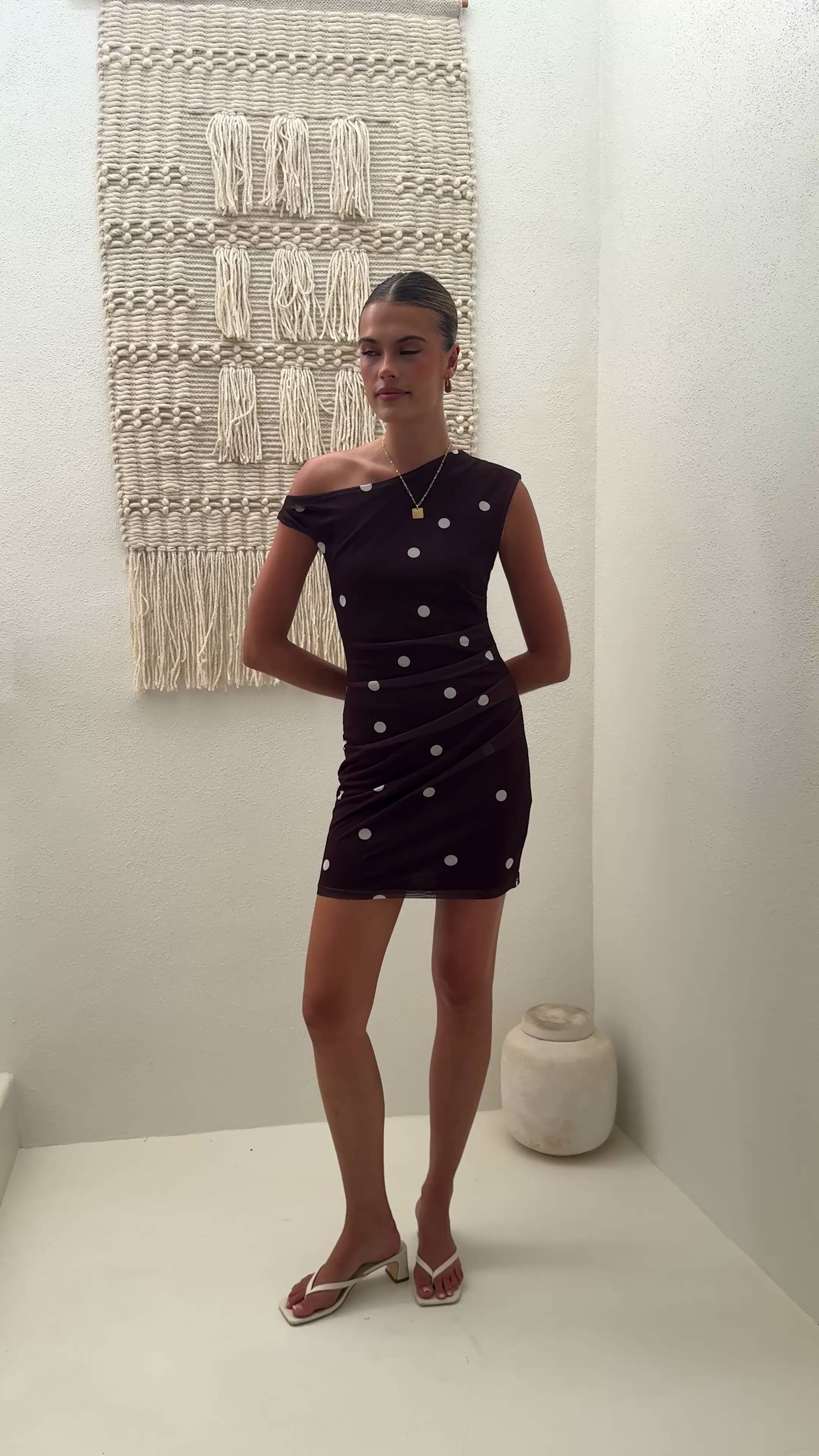 Load video: Zariah Mini Dress - Brown / White Polka Dot - Billy J