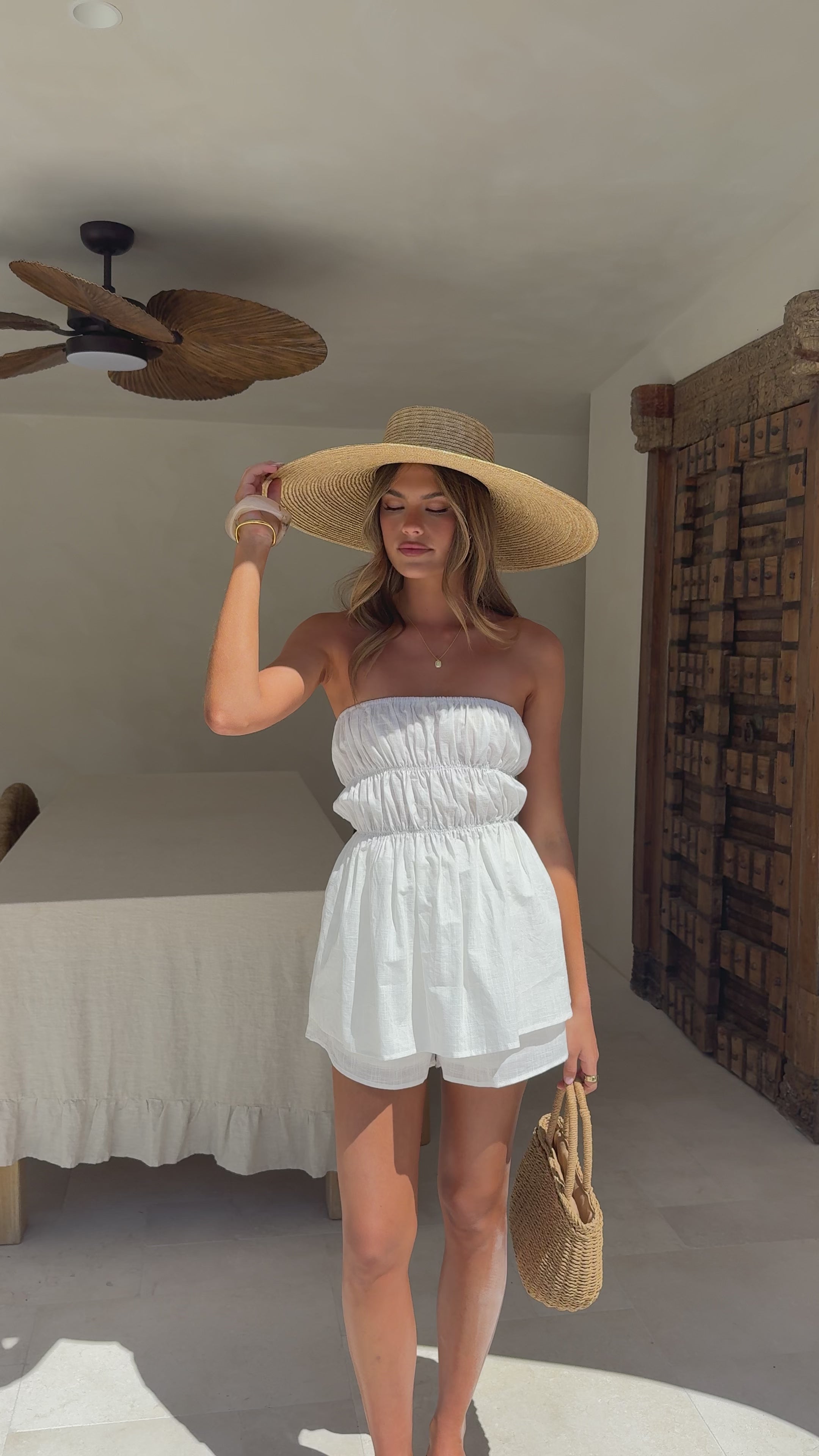 Load video: Kamala Strapless Cinch Top and Shorts Set - White - Billy J