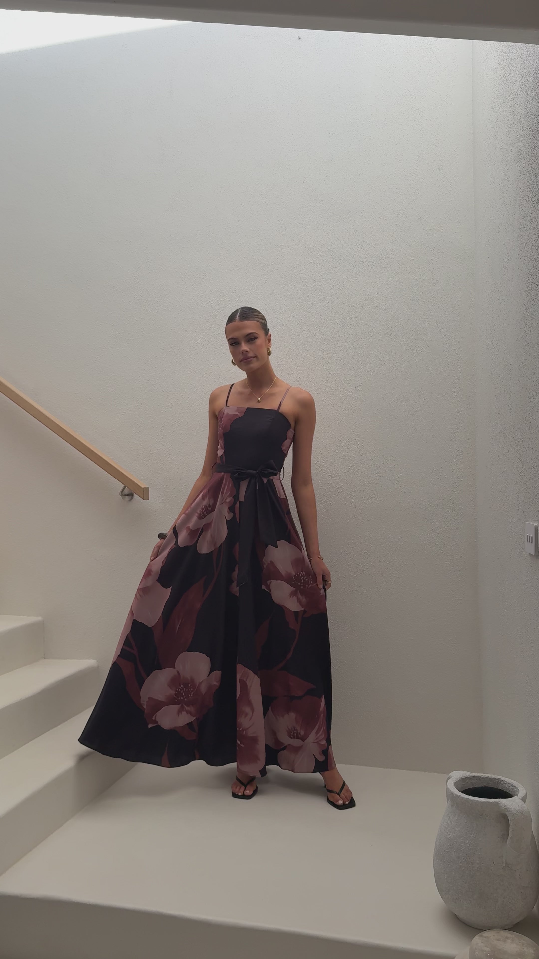 Load video: Carson Maxi Dress - Black/Wine Floral - Billy J