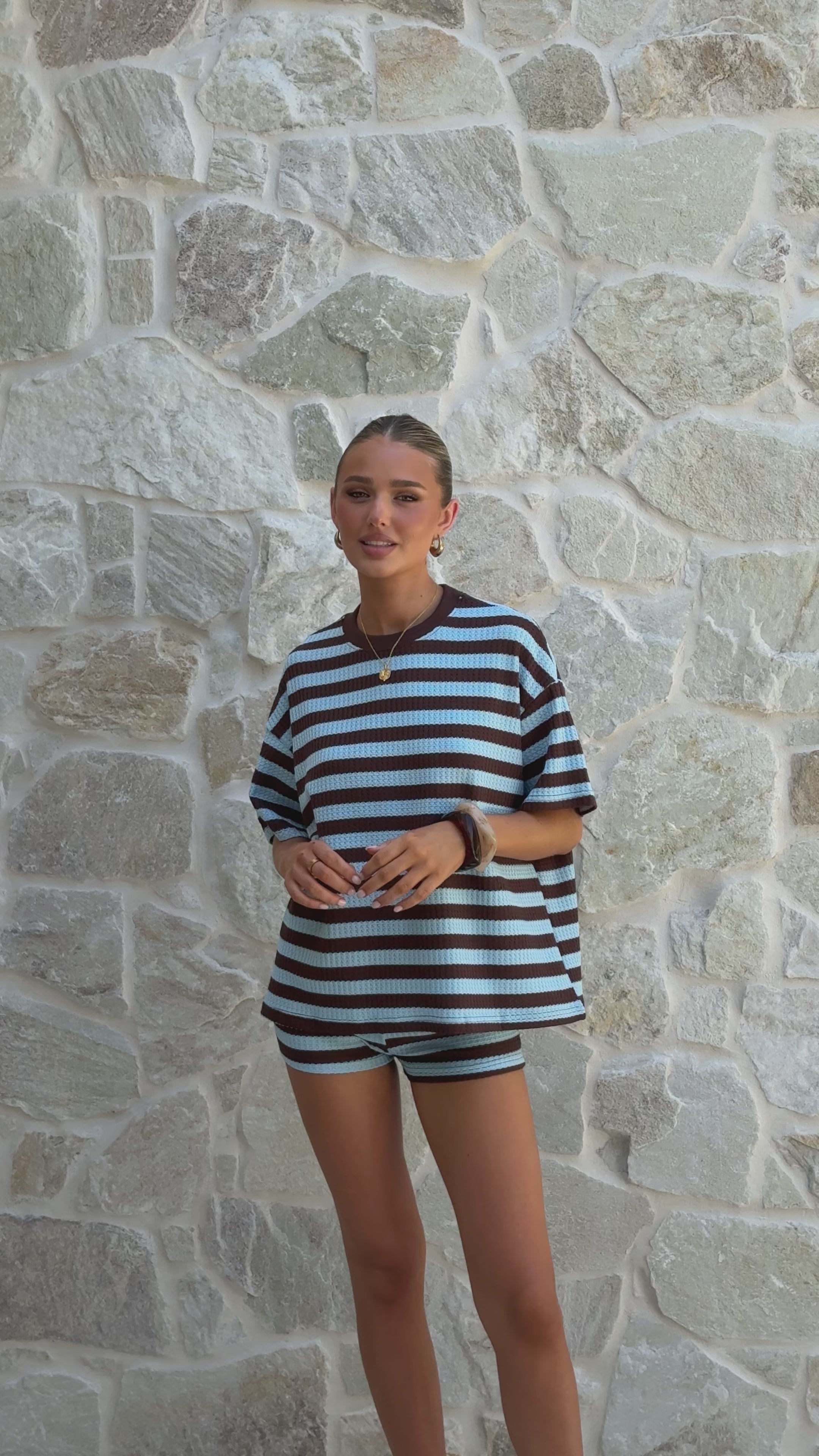 Load video: Makenna T-Shirt and Shorts Set - Chocolate/Blue Stripe - Billy J