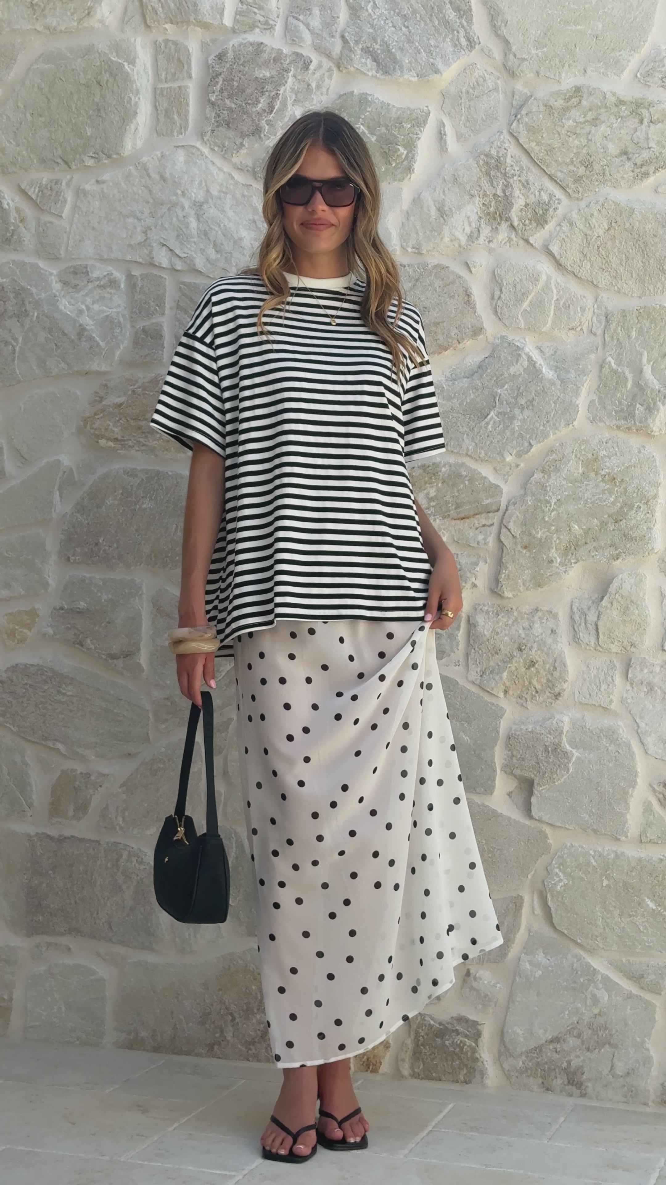 Load video: Elisha T-Shirt and Sheer Maxi Skirt Set - Black / White Stripe and Polka Dot - Billy J