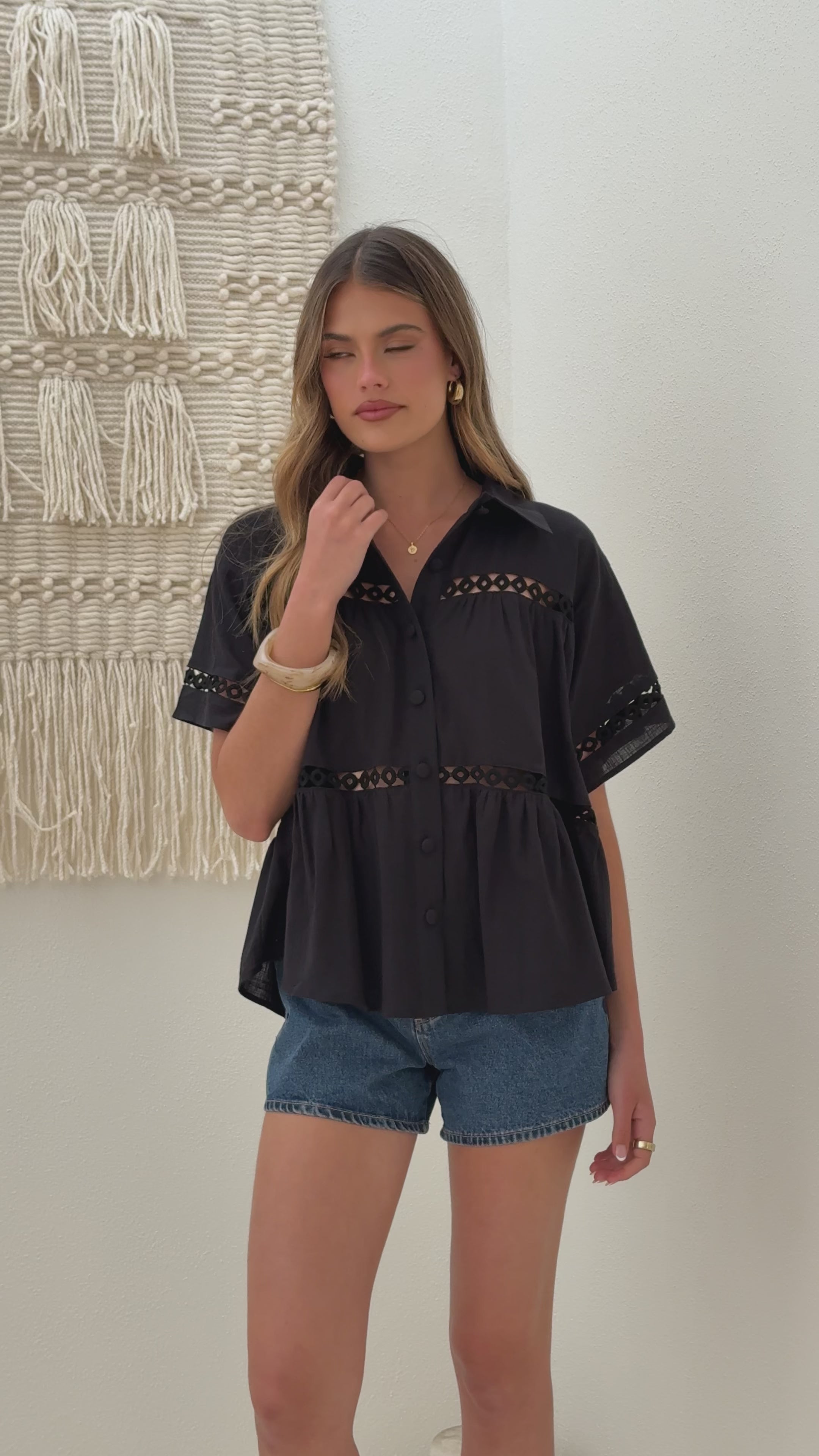 Load video: Azaria Button Up Shirt - Black - Billy J