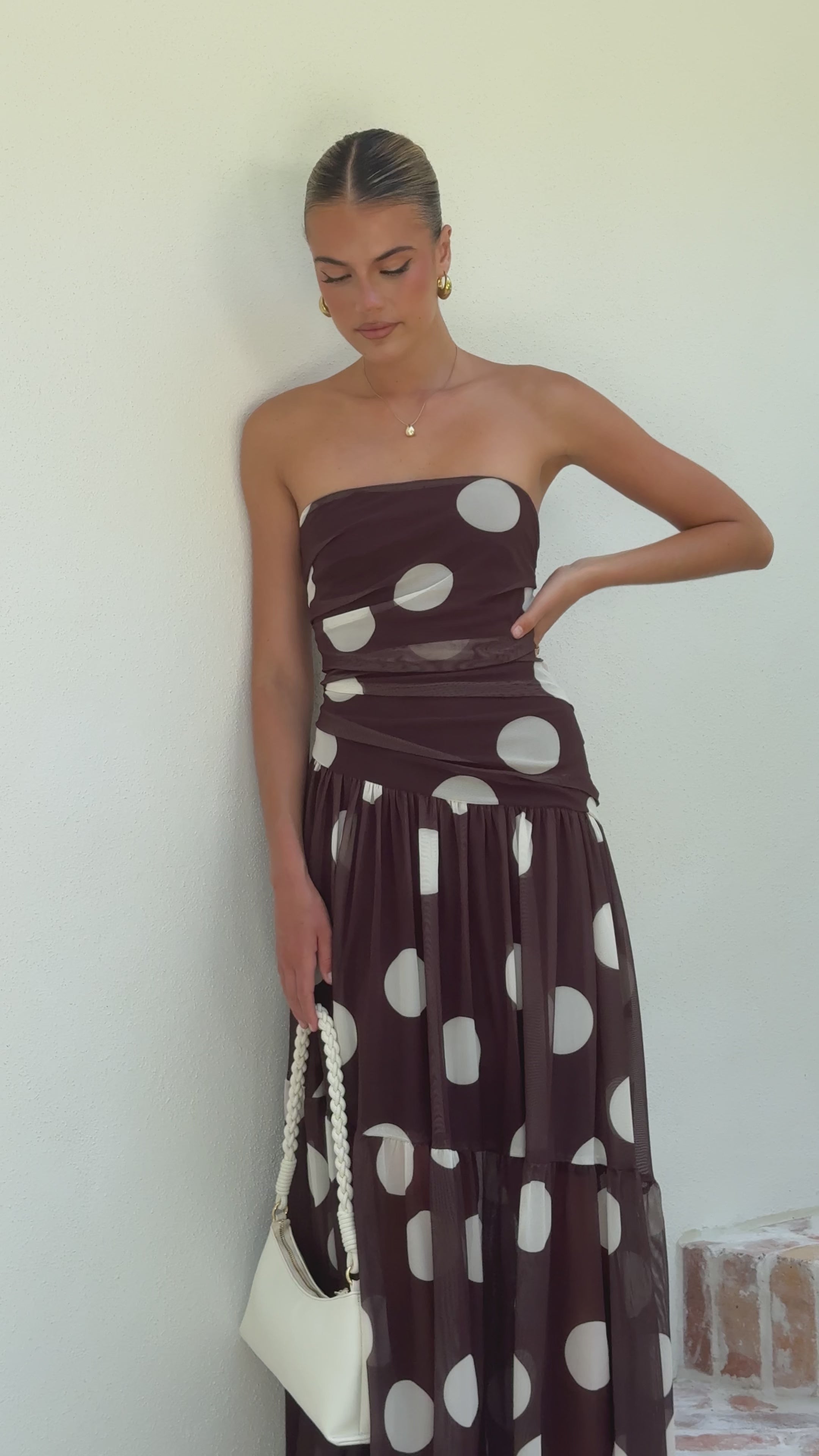 Load video: Riko Strapless Maxi Dress - Chocolate Macro Polka - Billy J