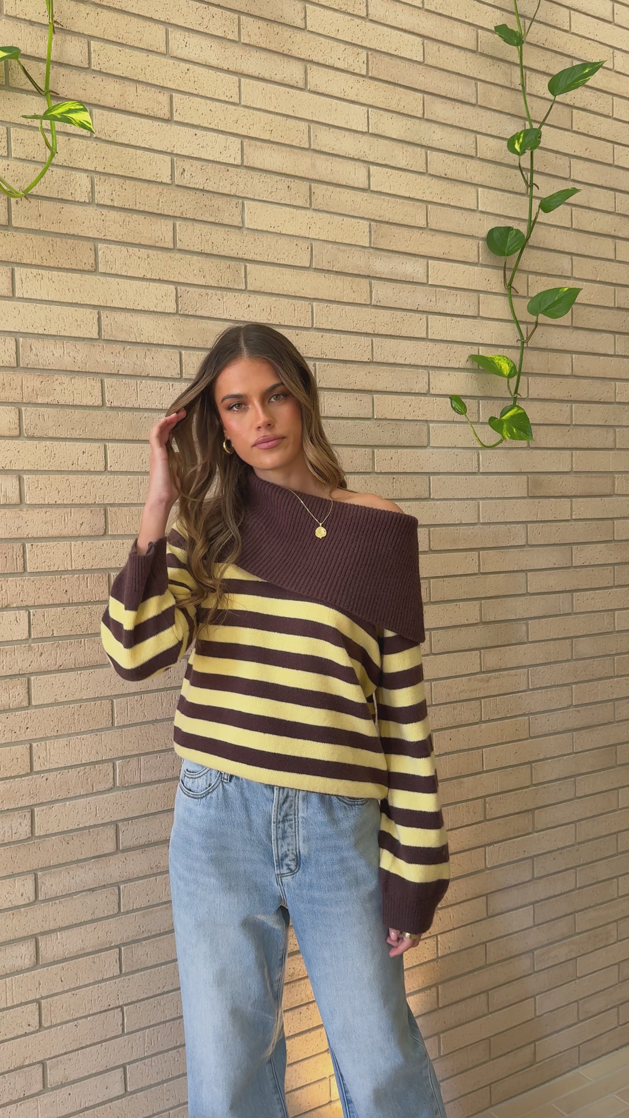 Load video: Henna Off Shoulder Knit Sweater - Yellow/Chocolate Stripe - Billy J