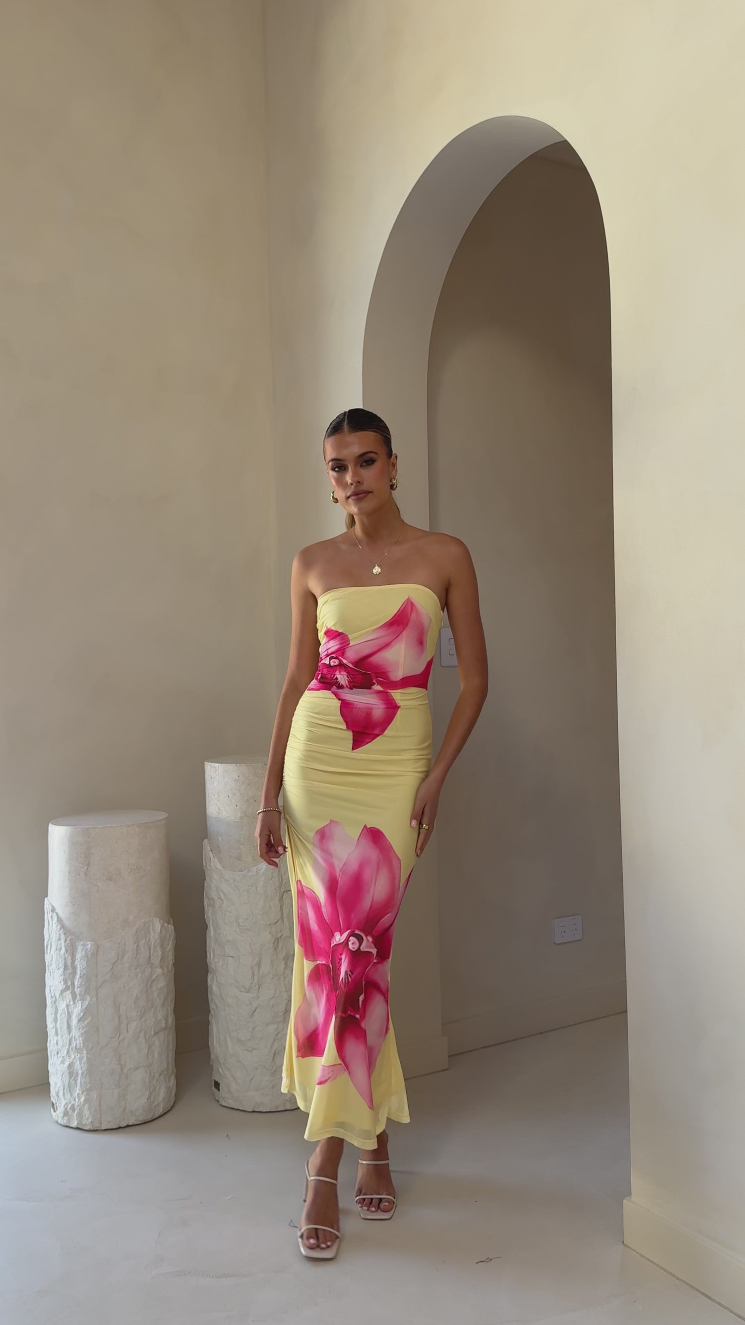 Brittani Strapless Maxi Dress - Yellow/Pink - Billy J
