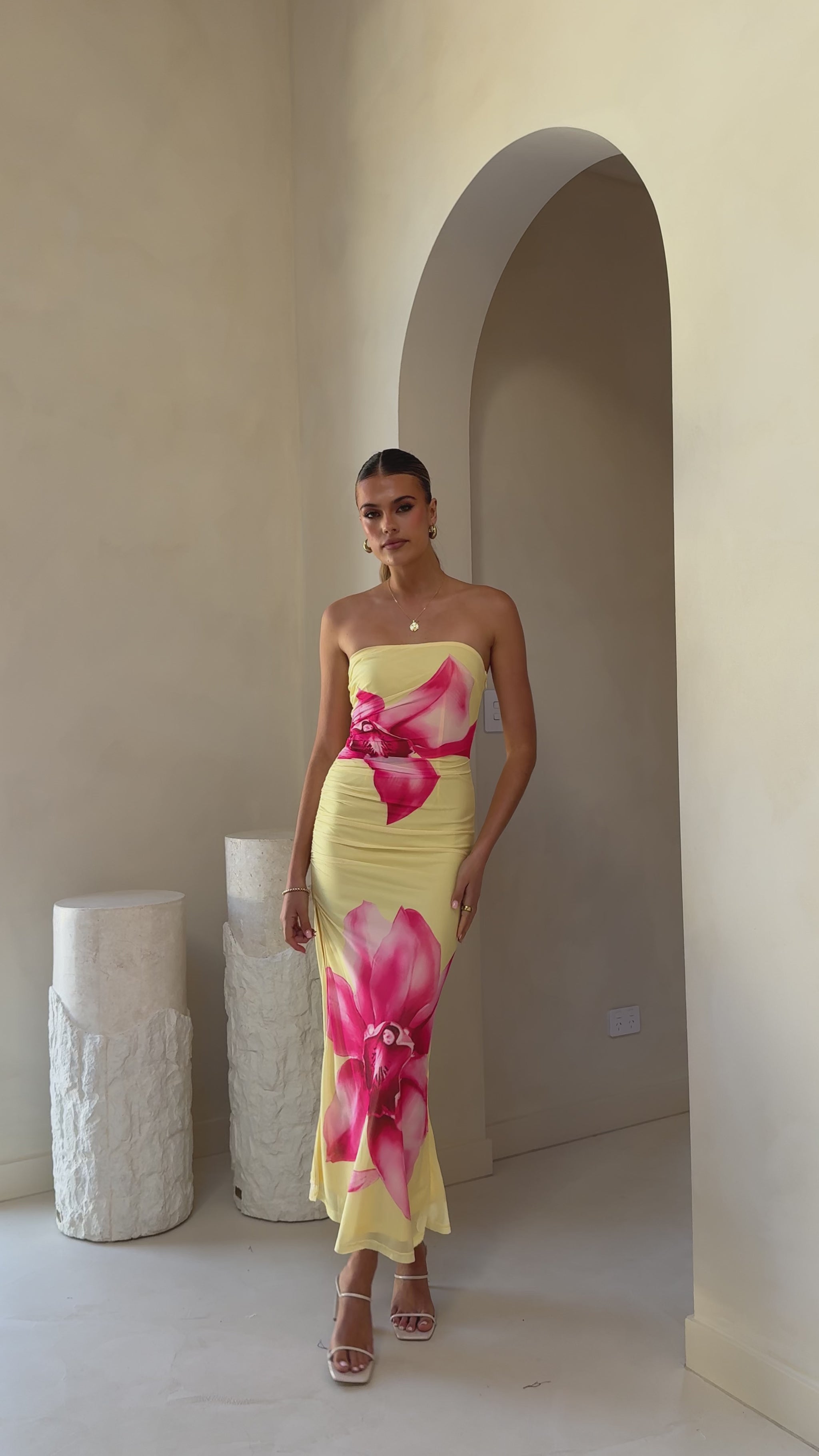 Brittani Strapless Maxi Dress - Yellow/Pink - Billy J