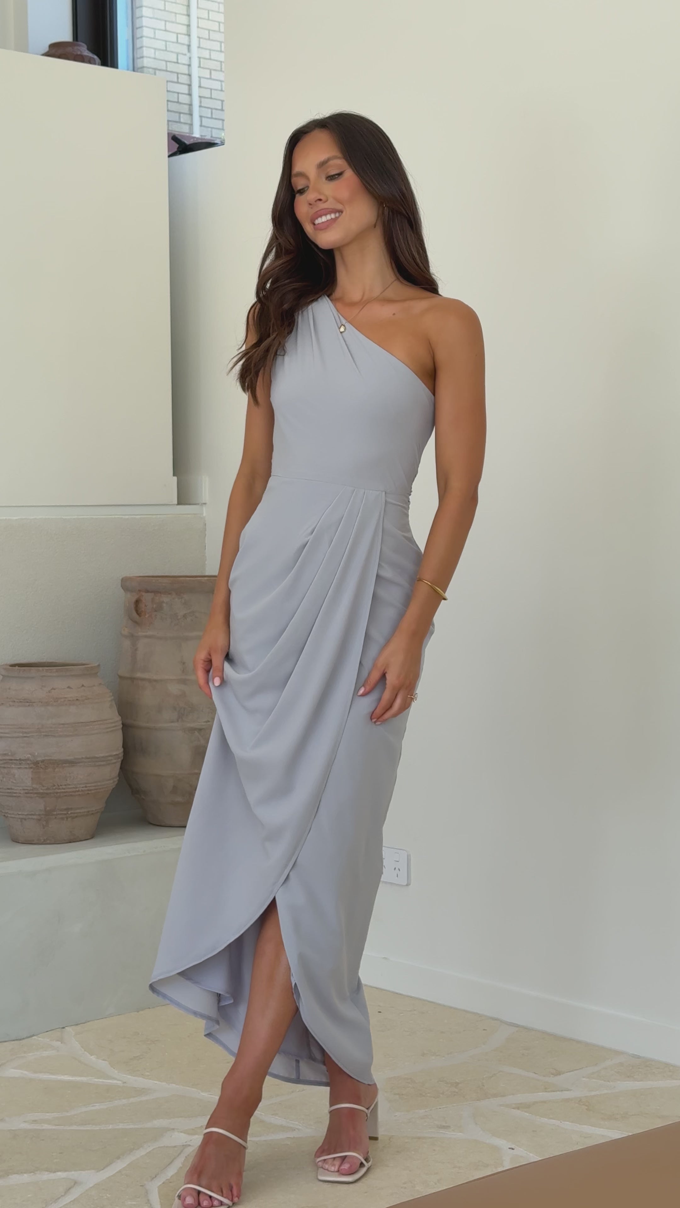 Load video: Clara One Shoulder Maxi Dress - Silver - Billy J