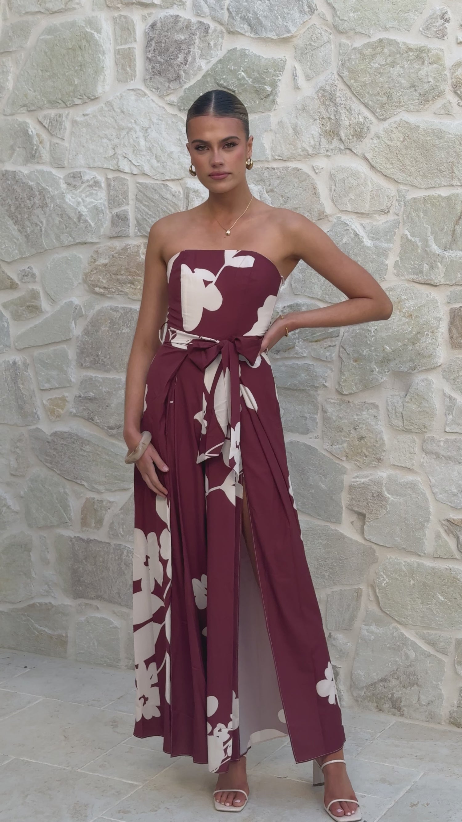 Carson Front Split Strapless Jumpsuit - Merlot Floral - Billy J