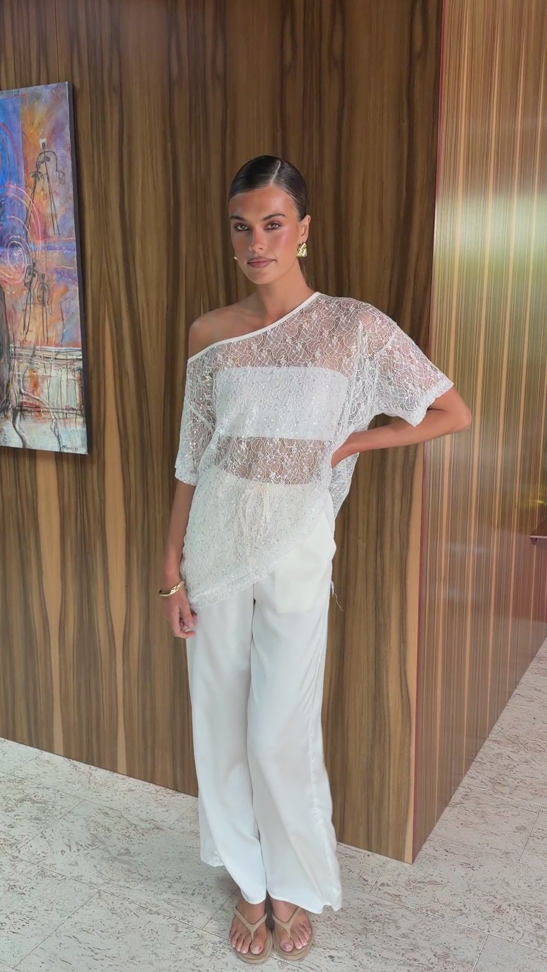 Load video: Helaine Off Shoulder Sequin Top and Satin Pants Set - White - Billy J