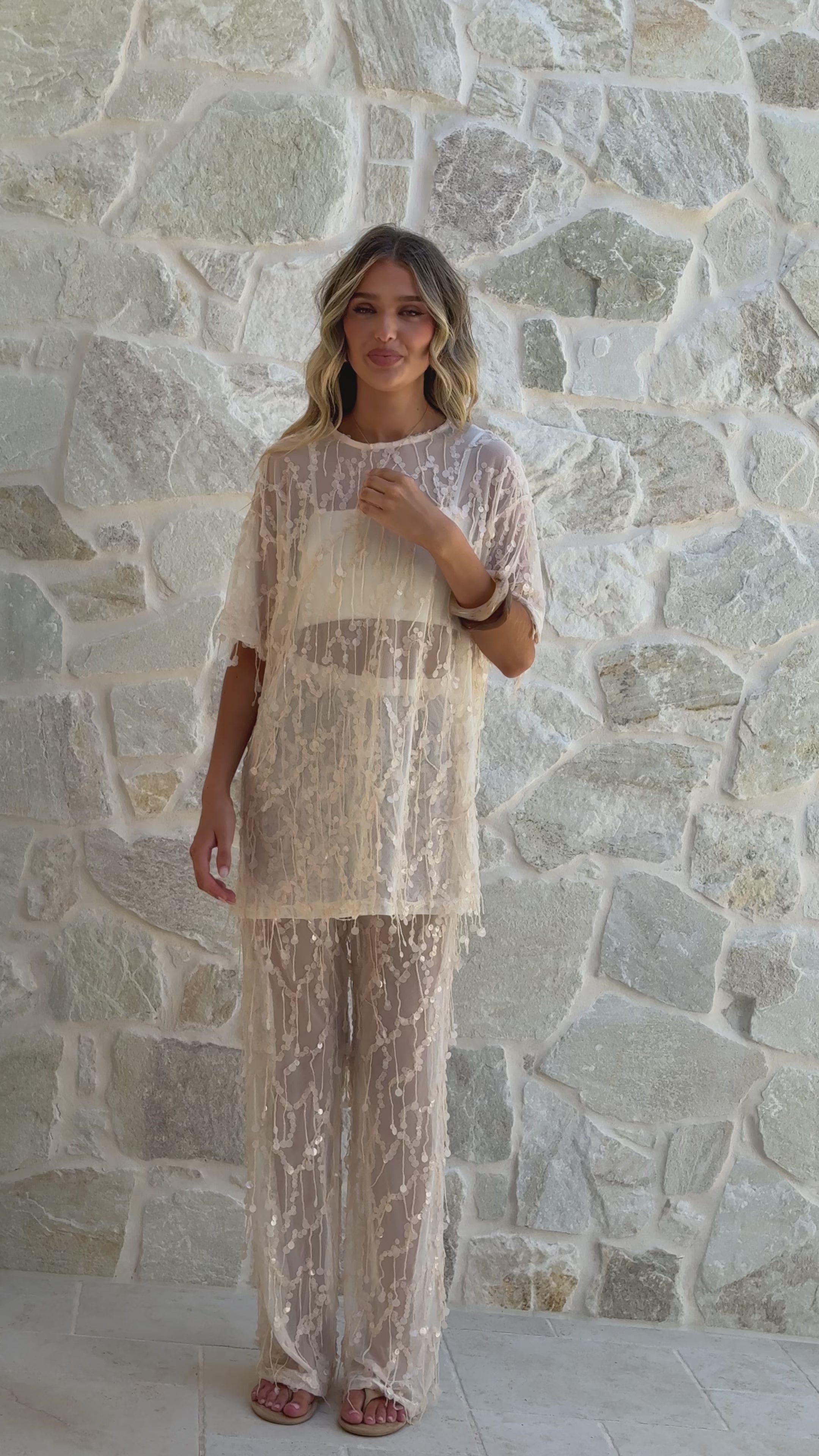 Load video: Zabby Sequin Pants - Beige - Billy J