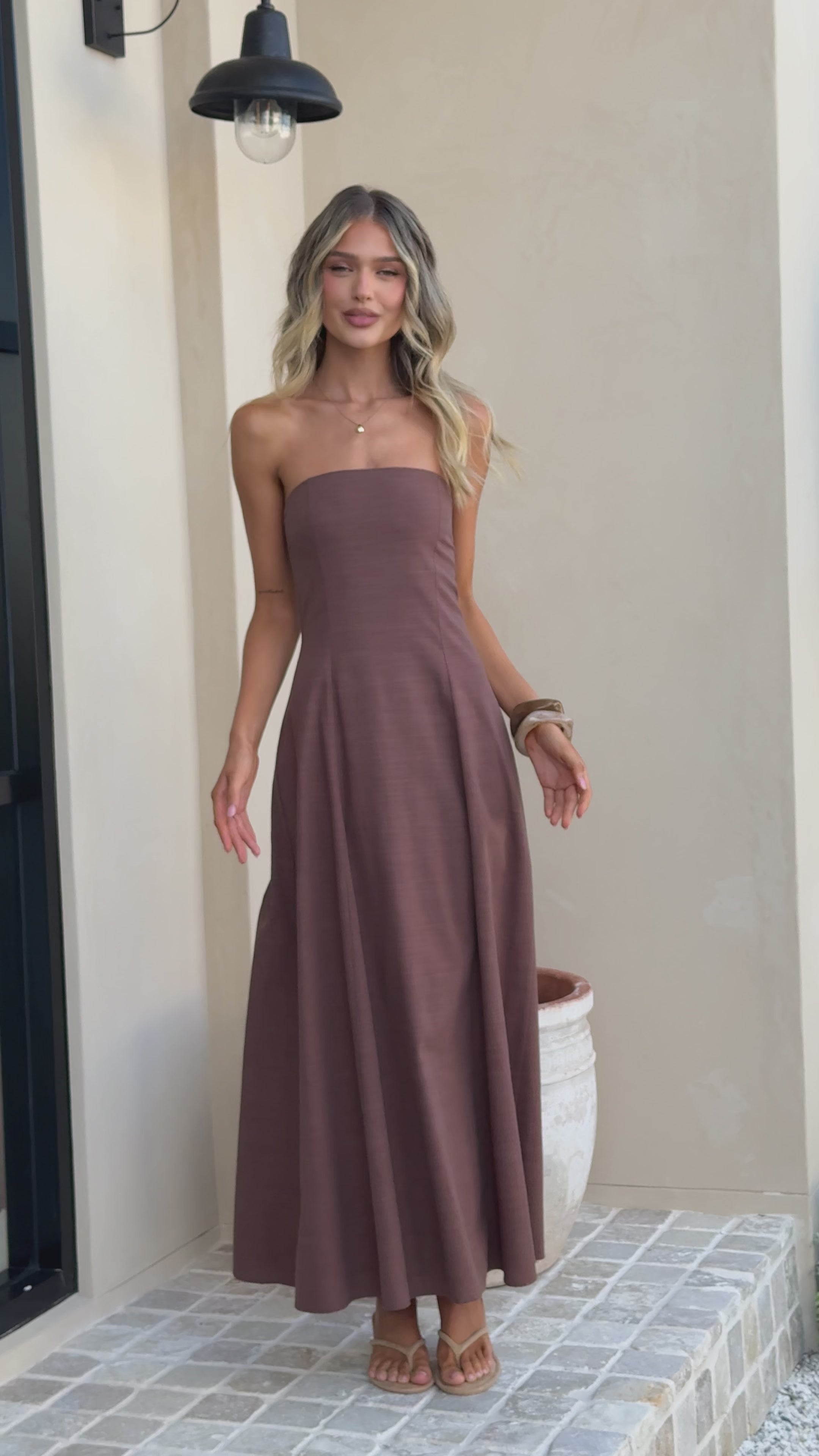 Load video: Astrid Strapless Maxi Dress - Chocolate - Billy J