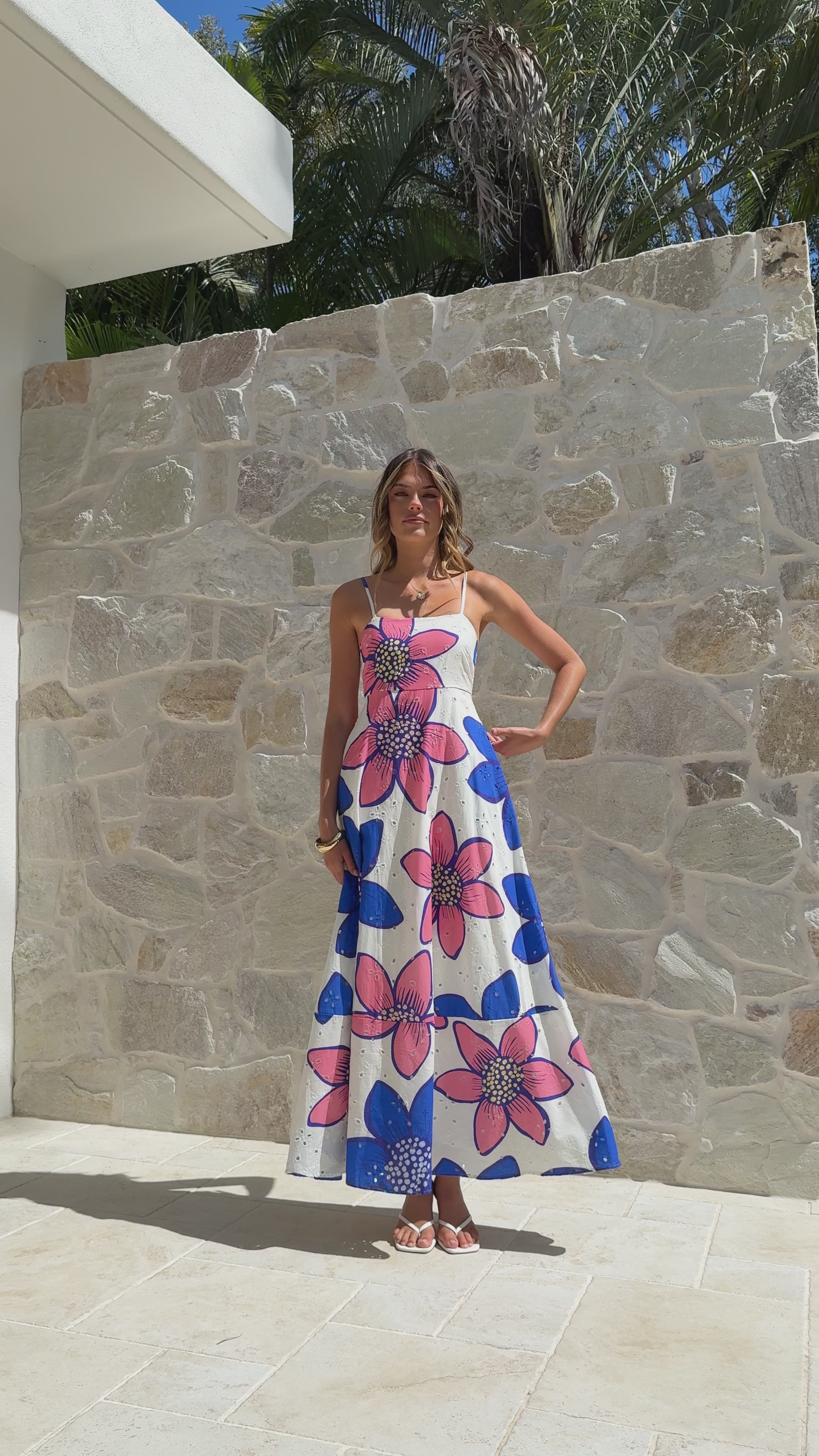 Load video: Norah Eyelet Maxi Dress - Botanic Blue/Pink Print - Billy J