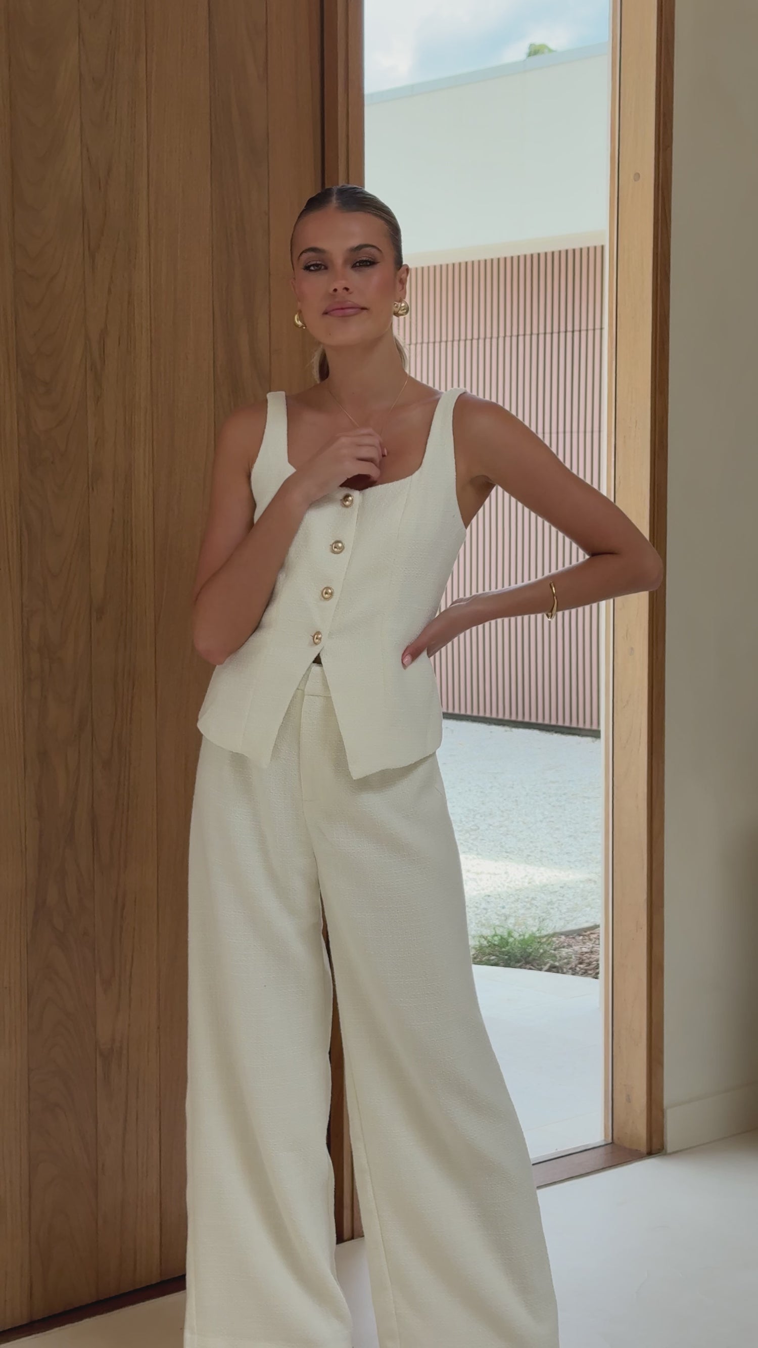 Karrina Tweed Button Up Vest and Pants Set - White - Billy J
